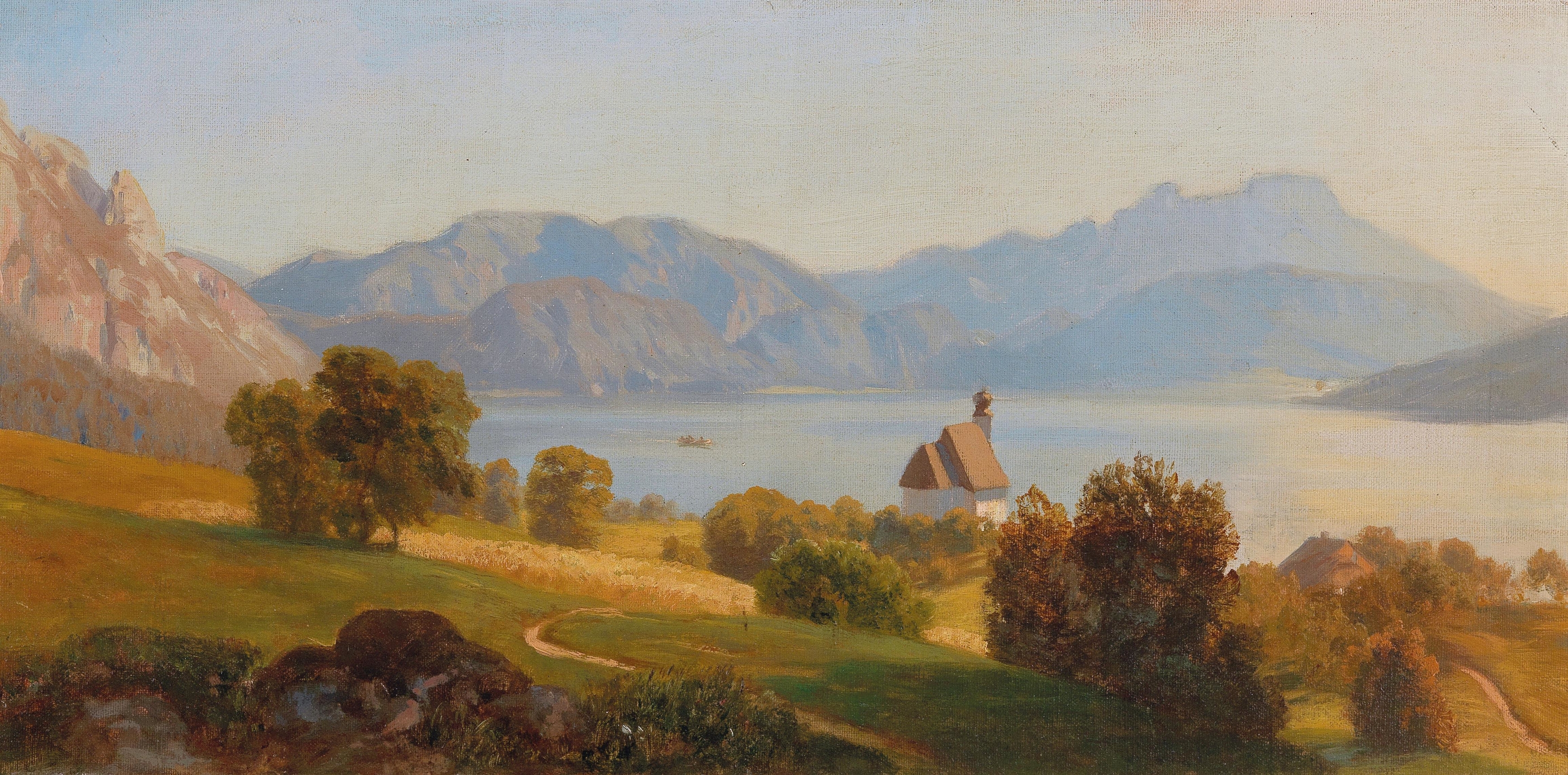 Steinbach On The Attersee With The Schafberg, by Anton Hlavacek, public domain