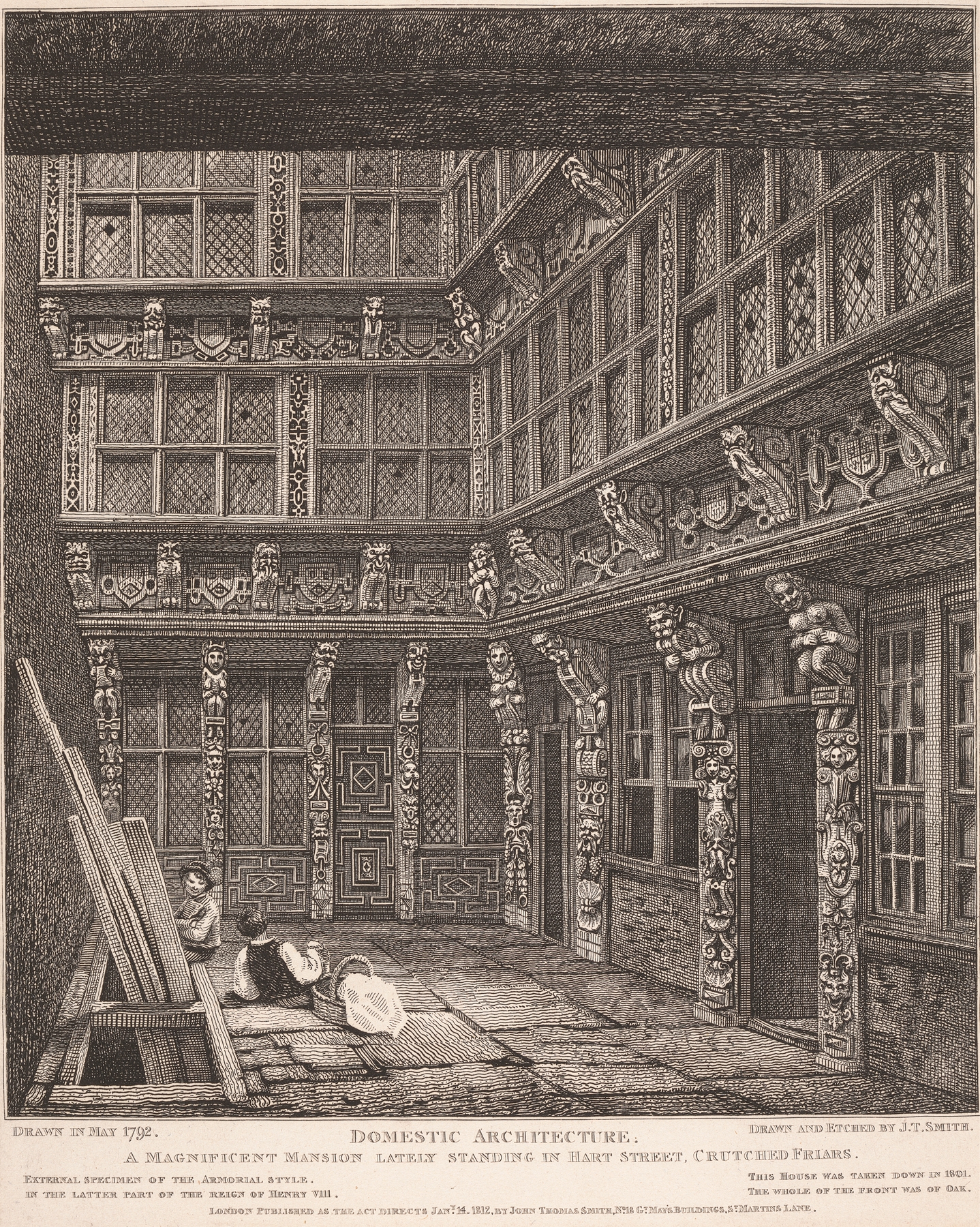 Engraving by John Thomas Smith depicting a grand mansion with intricate architectural details.