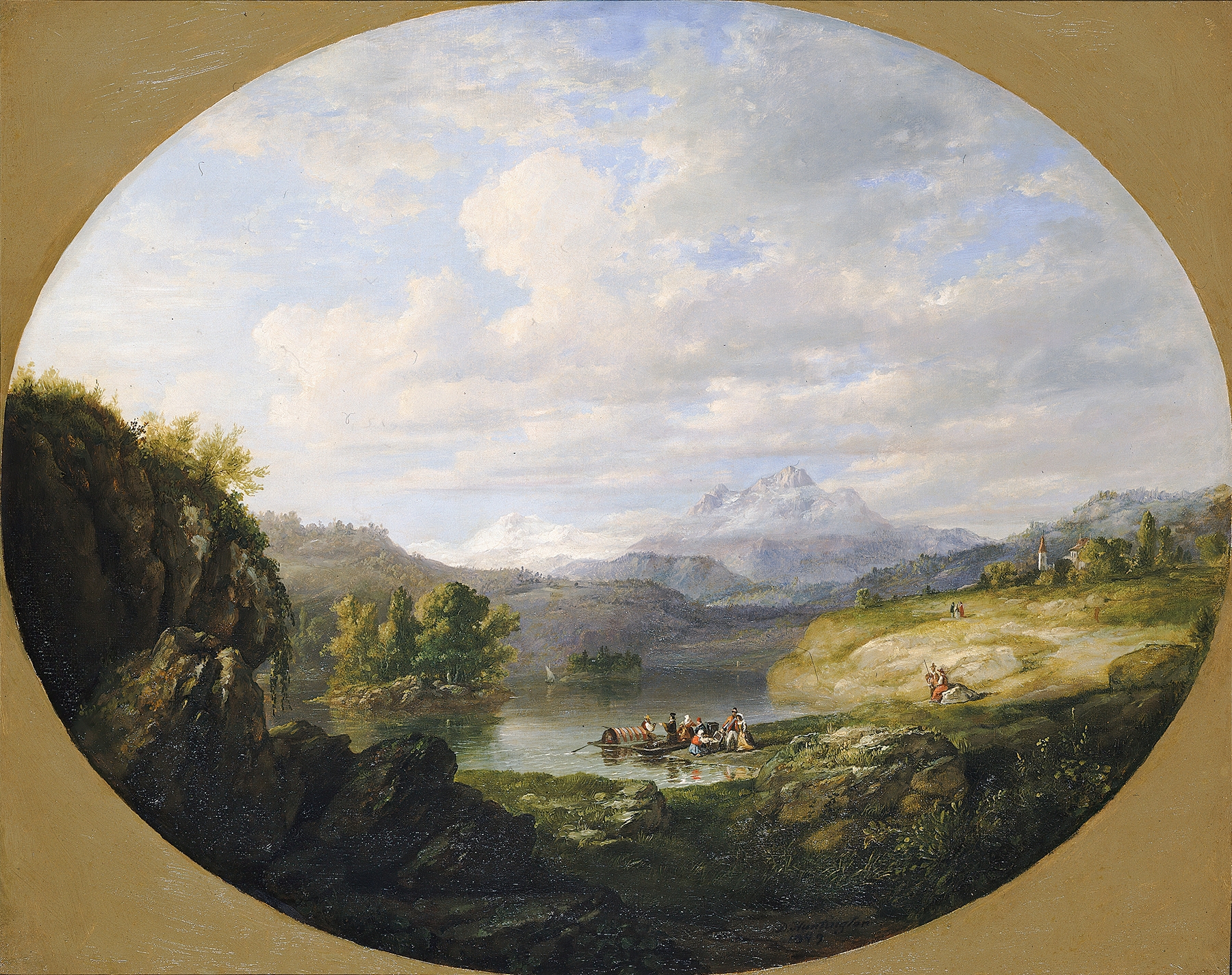 A Swiss Lake by Daniel Huntington, oil painting depicting a tranquil lake with mountains and a clear sky.