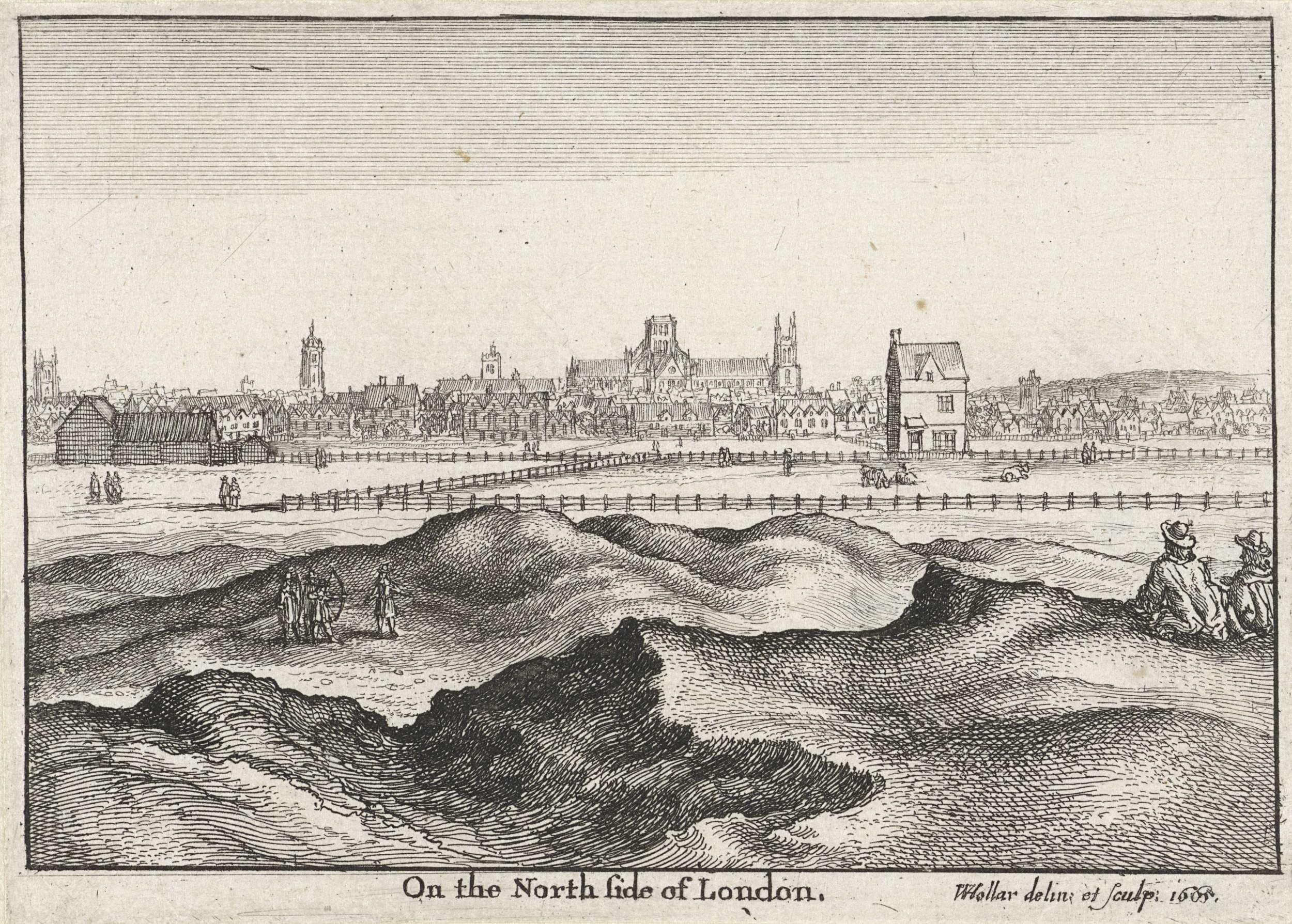 Etching by Wenceslaus Hollar depicting the north side of London with St. Paul's Cathedral.