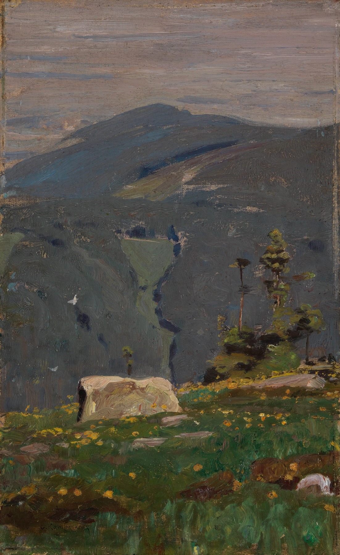 Landscape oil painting by Gustav Kampmann featuring twilight sky and rolling hills.