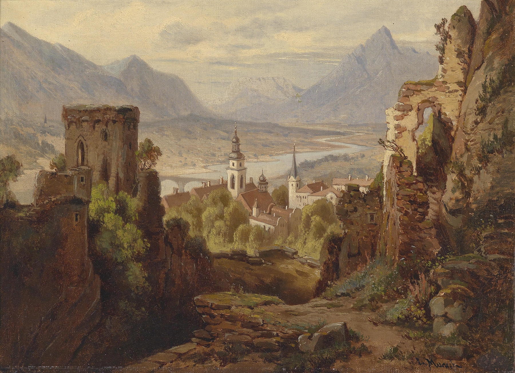 Landscape of Rattenberg am Inn by Leopold Munsch, oil painting