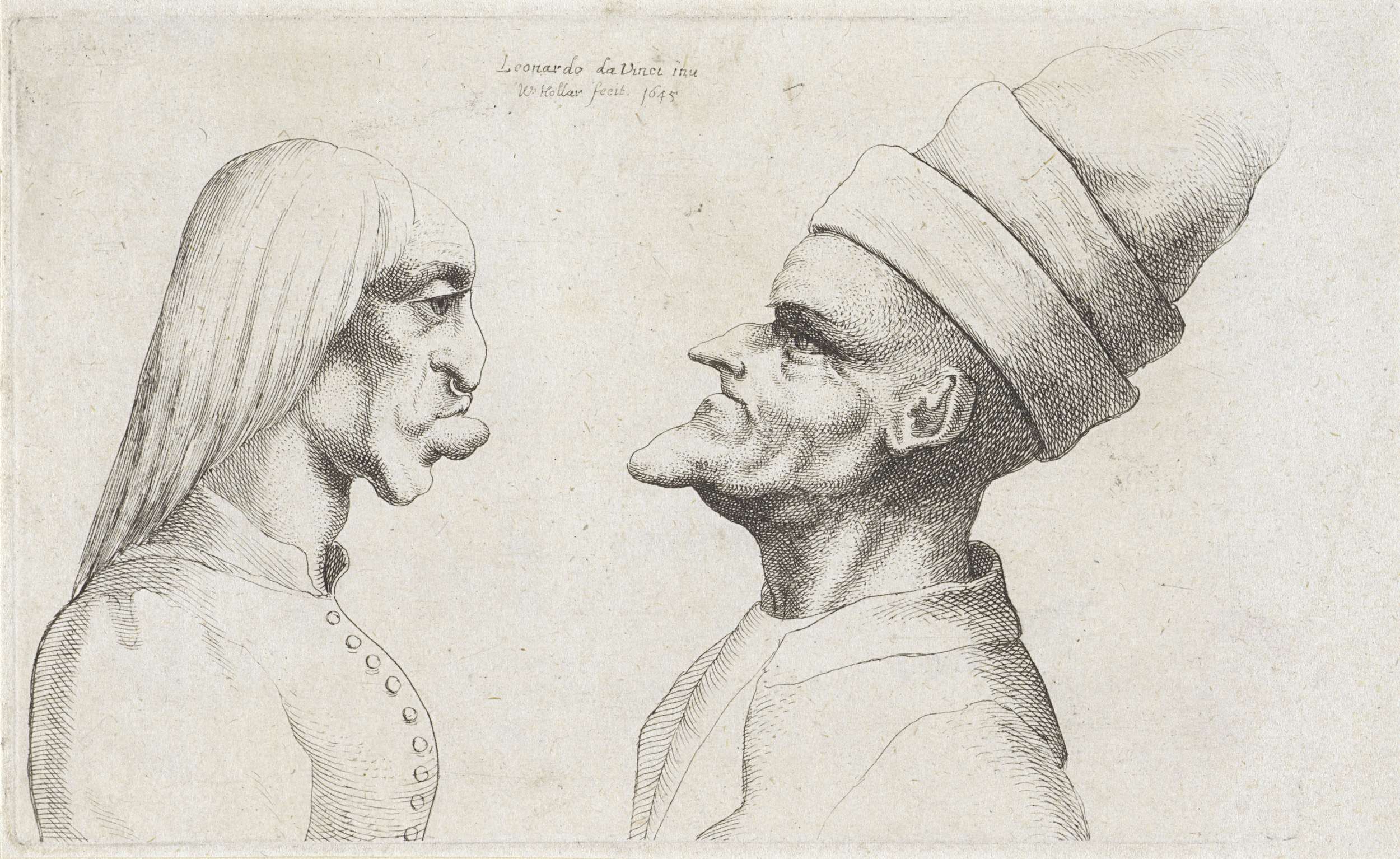 Etching by Wenceslaus Hollar depicting a woman with stylish hair and a man wearing a double-brimmed hat.