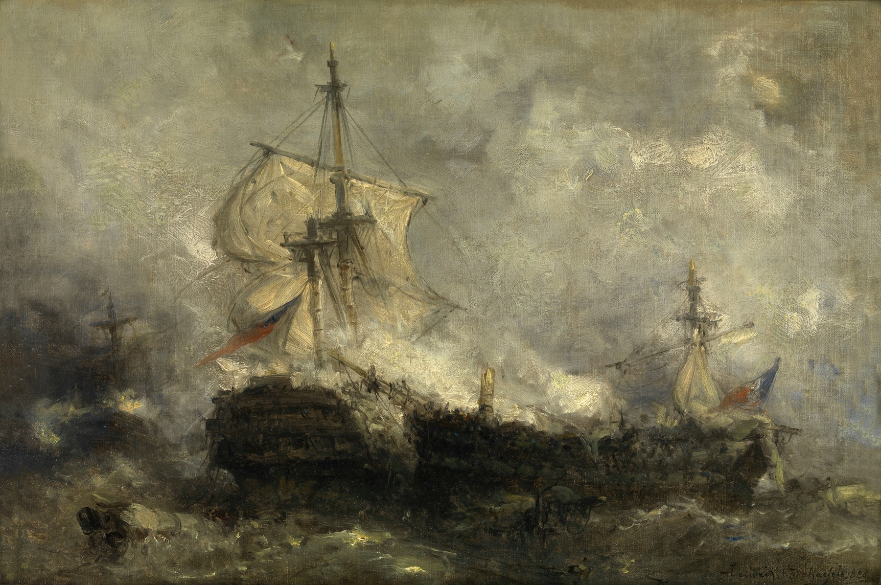 Naval battle scene with ships and cannon fire, oil painting by Henri François Schaefels
