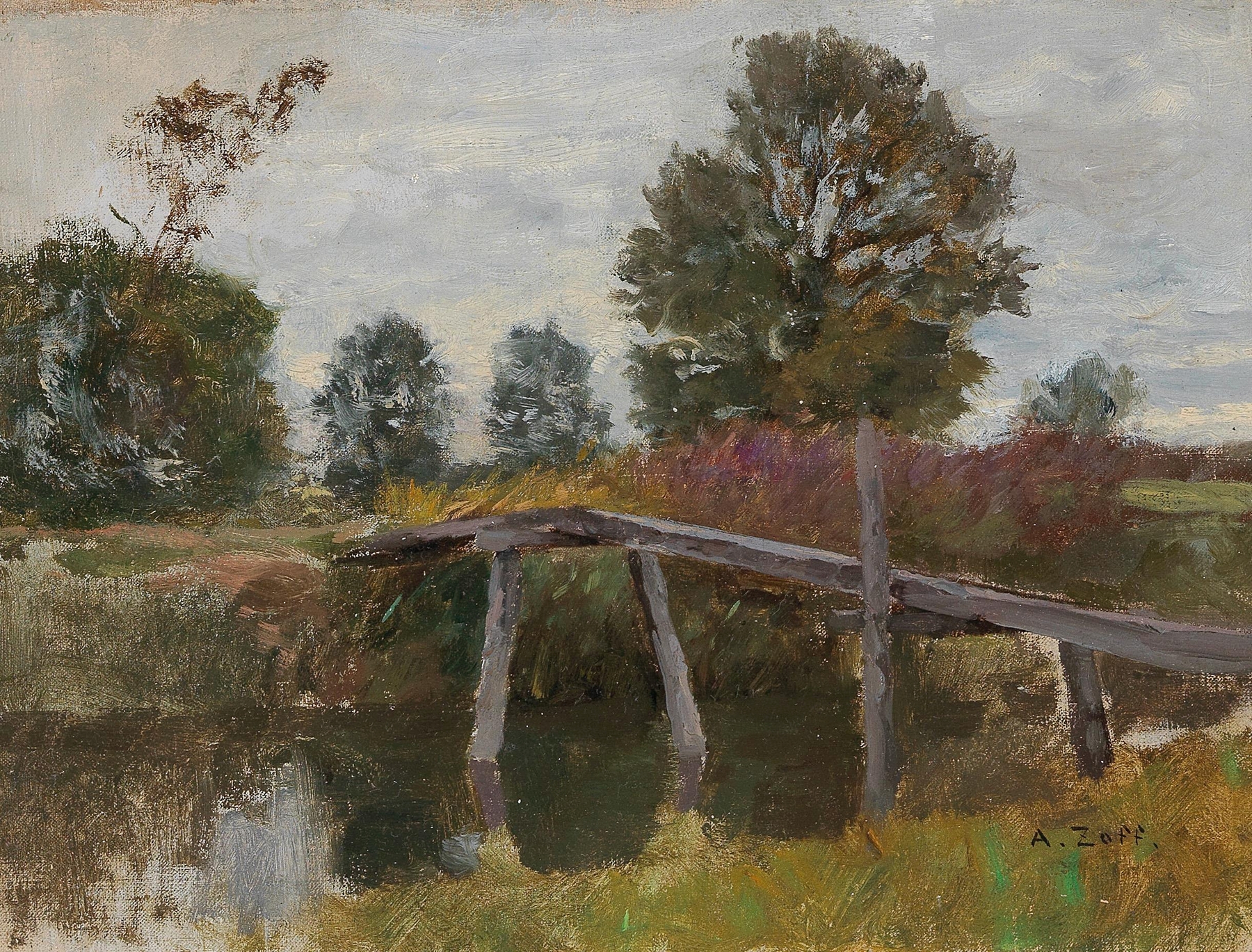 Alter Steg in Langenpreising by Alfred Zoff, oil painting depicting a bridge over a stream.