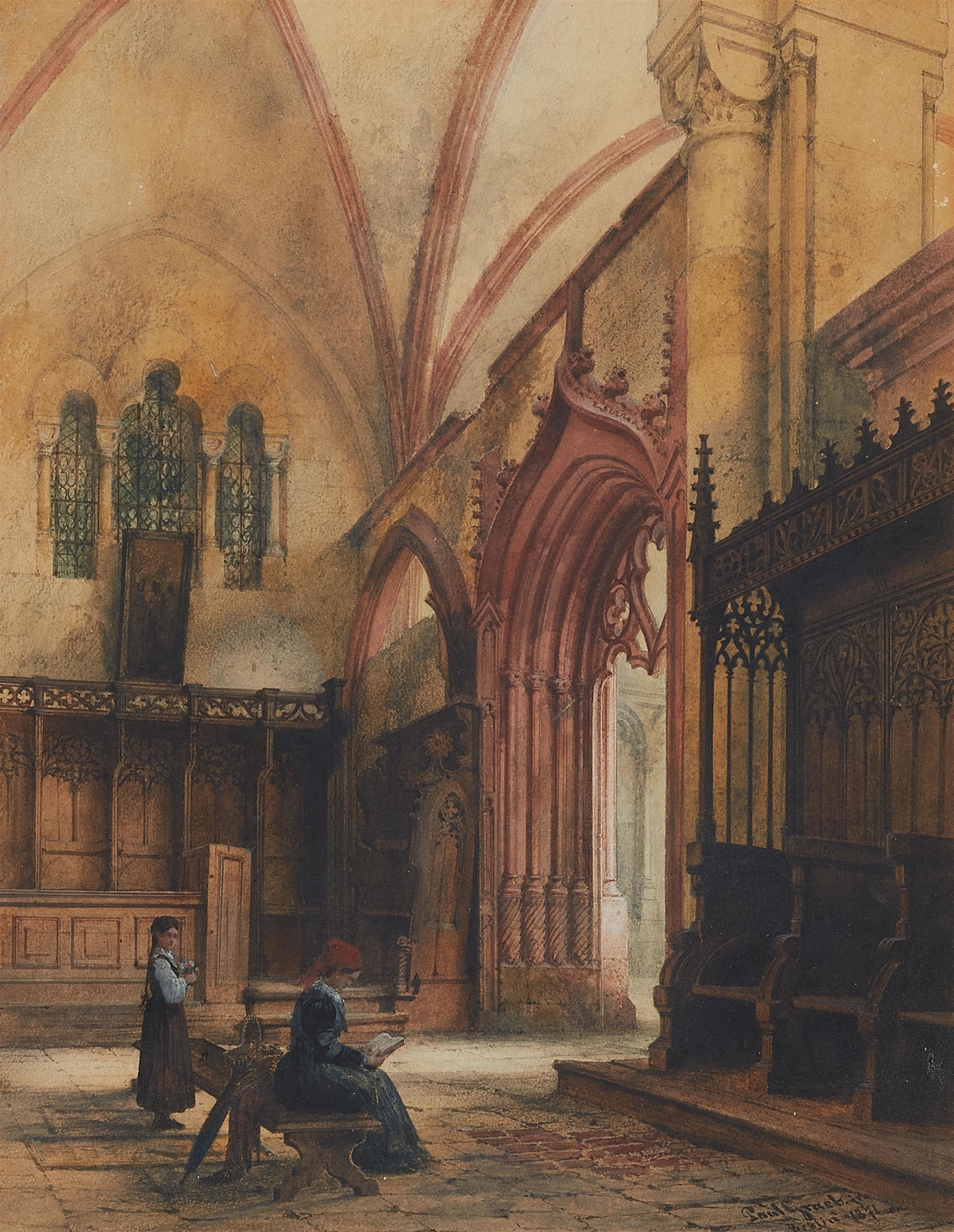 Gothic scene of a woman and girl praying in a church by Paul Graeb