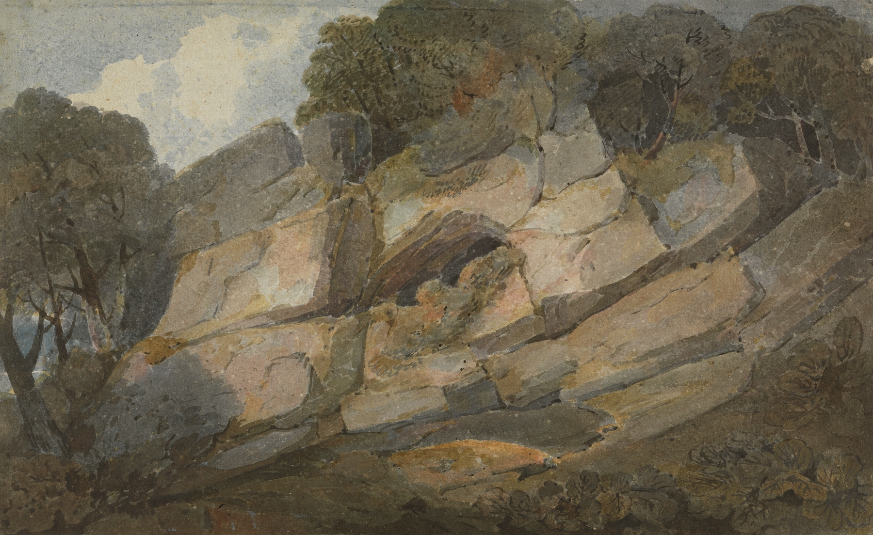 Rocks with Central Cavern Among Trees by James Baynes, Romanticism, depicting rocky formations and trees