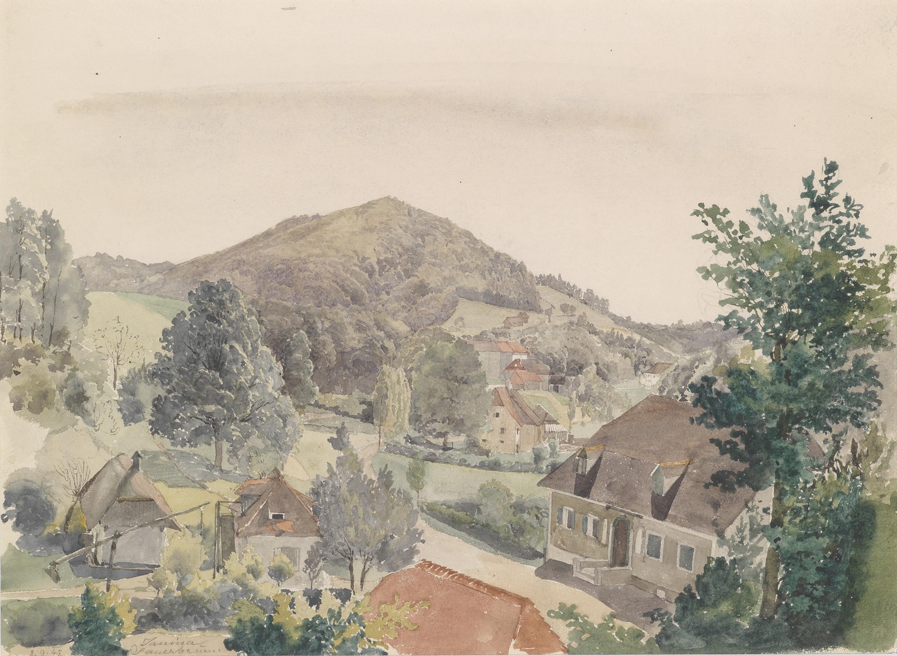 Landscape scene with hills and a meadow by Johann Nepomuk Passini
