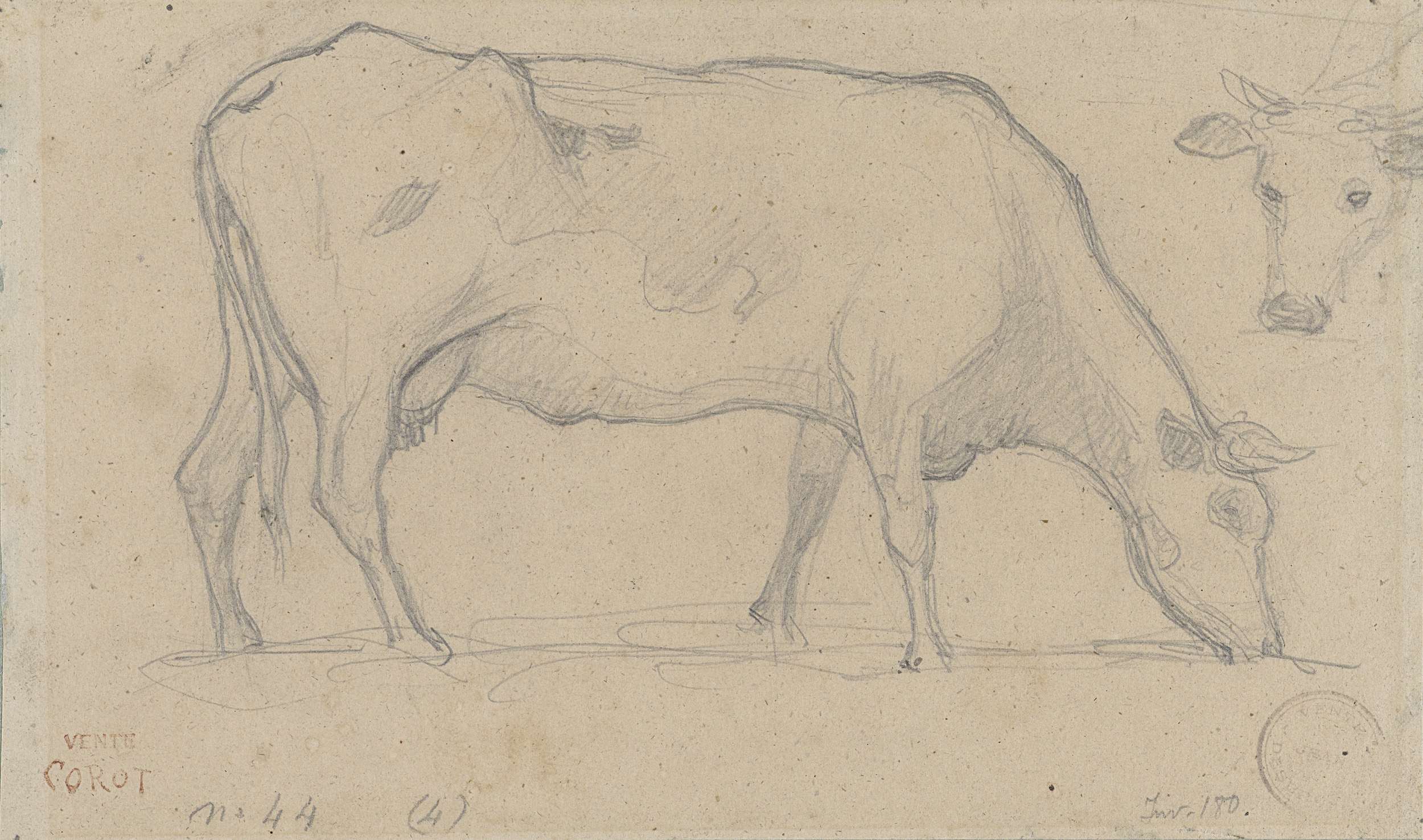 Grazende koe by Camille Corot, paper medium depicting a cow grazing in a forest.