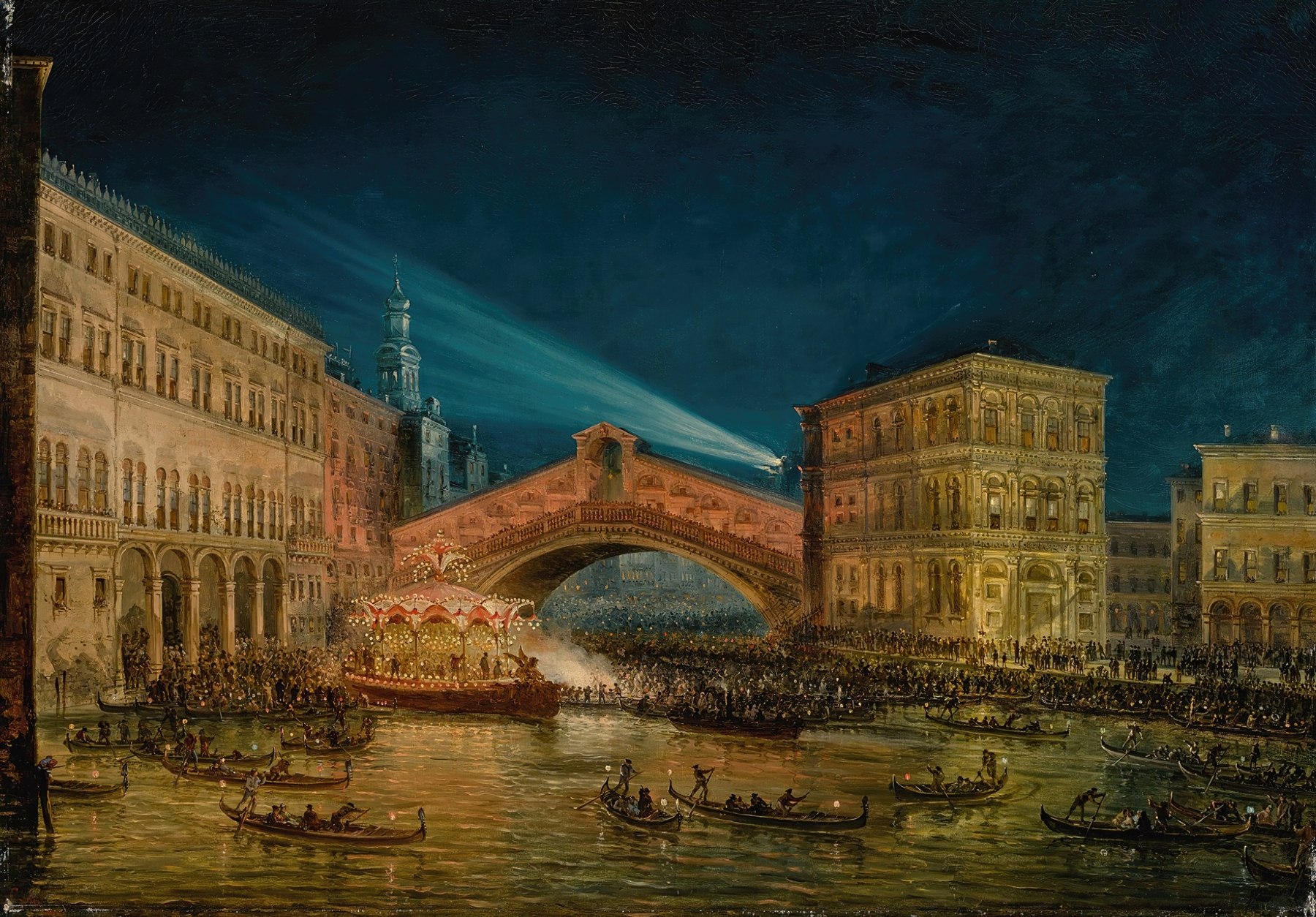 Night-time view of the Rialto on the Feast of the Redentore by Giovanni Grubacs, oil painting