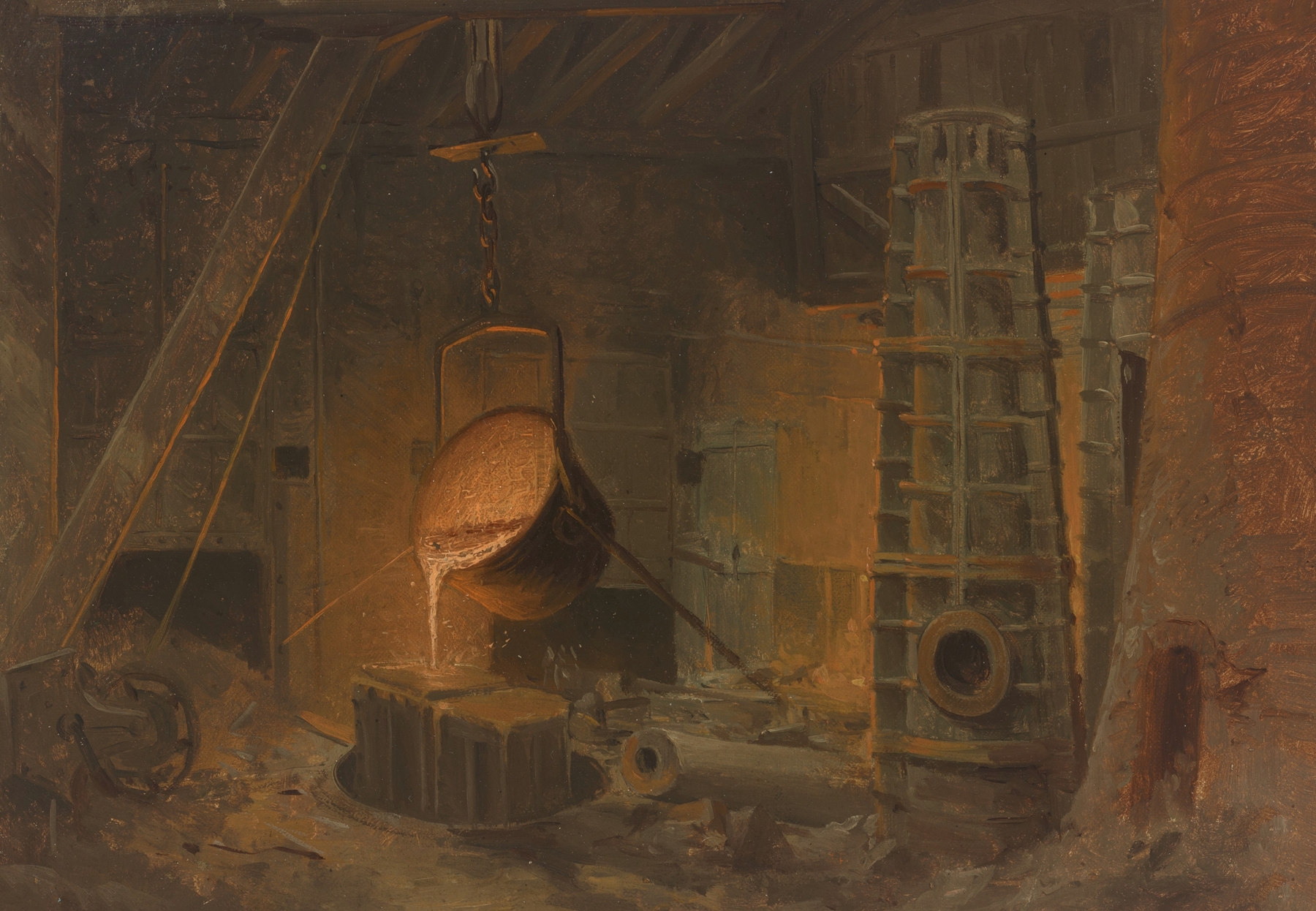 Oil painting by John Ferguson Weir depicting workers at West Point Foundry, Cold Spring, New York.