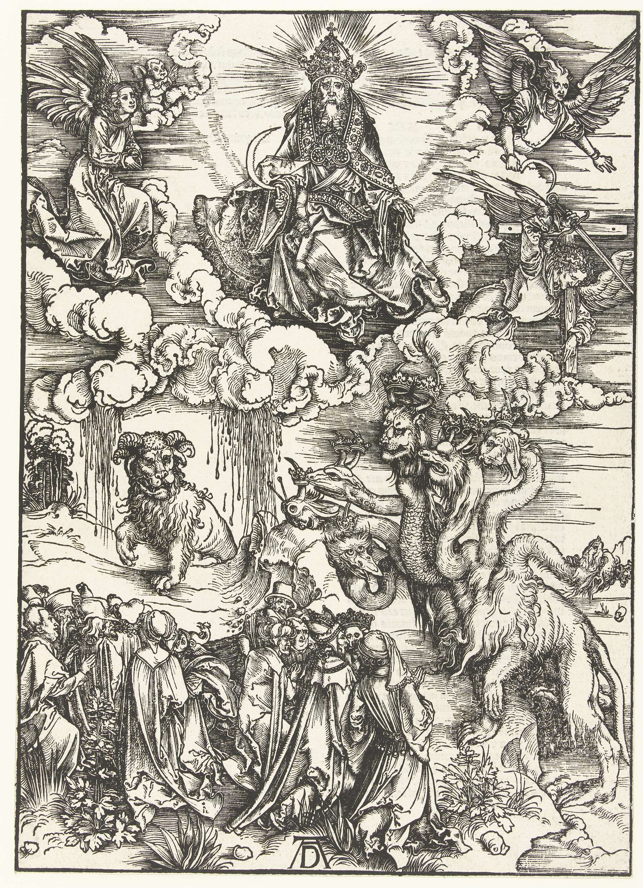 Christus met een sikkel, het beest met de hoorns als van een lam en de zevenkoppige draak, by Albrecht Dürer, public domain