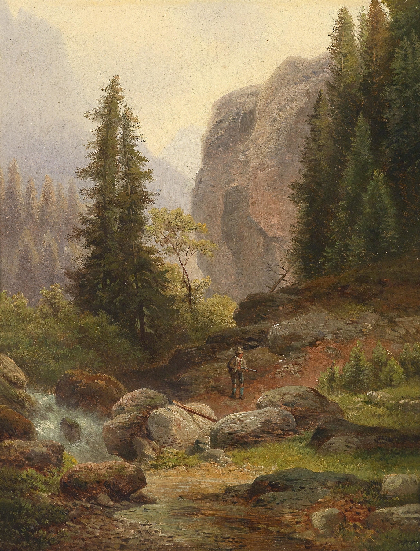 Landscape oil painting by Carl Hasch featuring luminous snow-capped mountains.