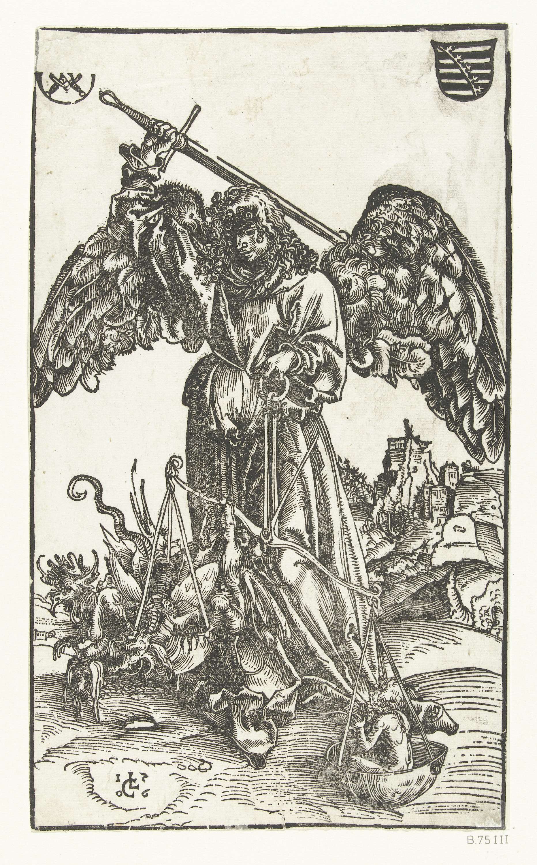 Aartsengel Michaël doodt Satan en weegt een ziel, paper, Lucas Cranach (I)