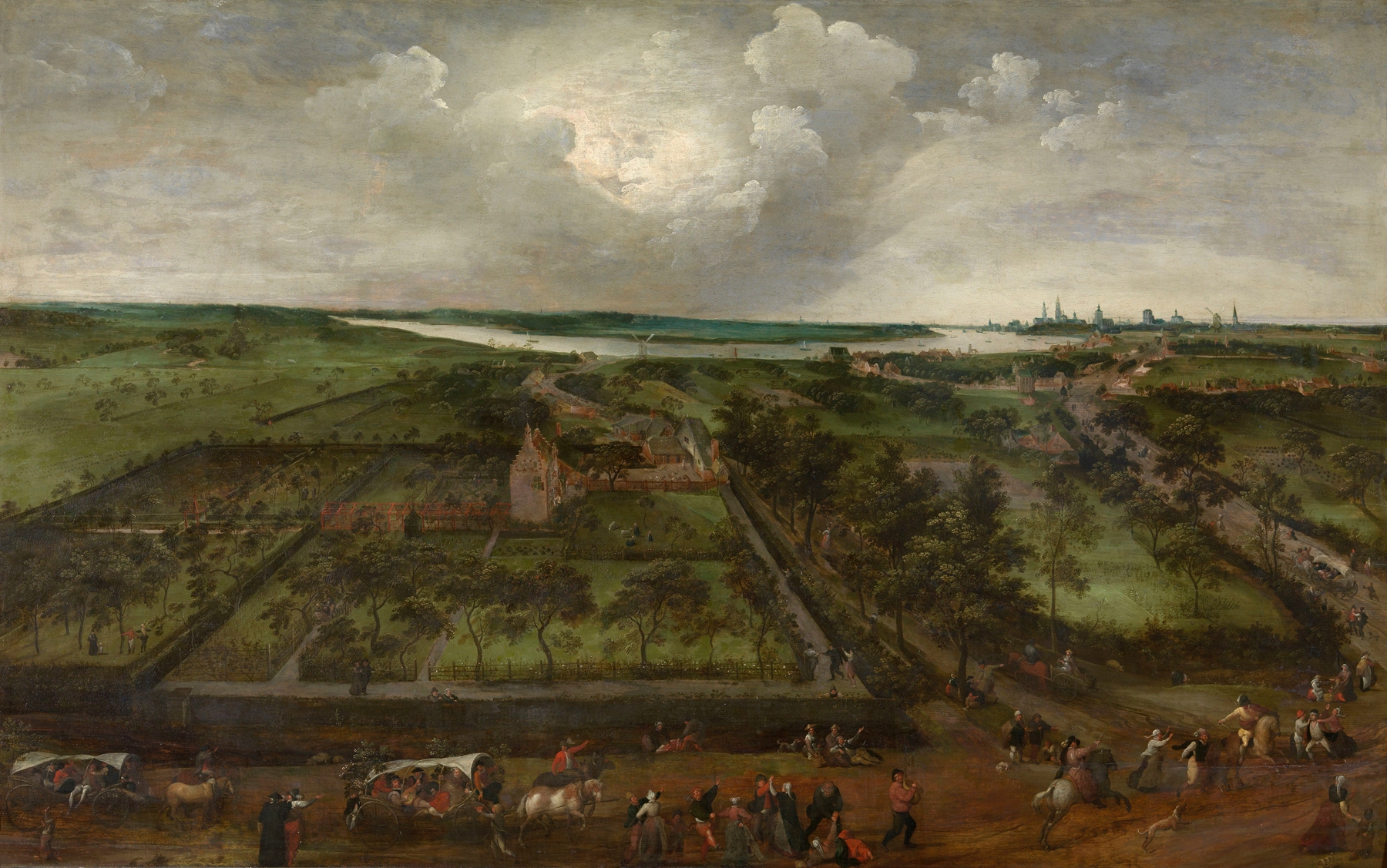Kiel near Antwerp by Jacob Grimmer, oil on panel, depicting a tranquil river landscape