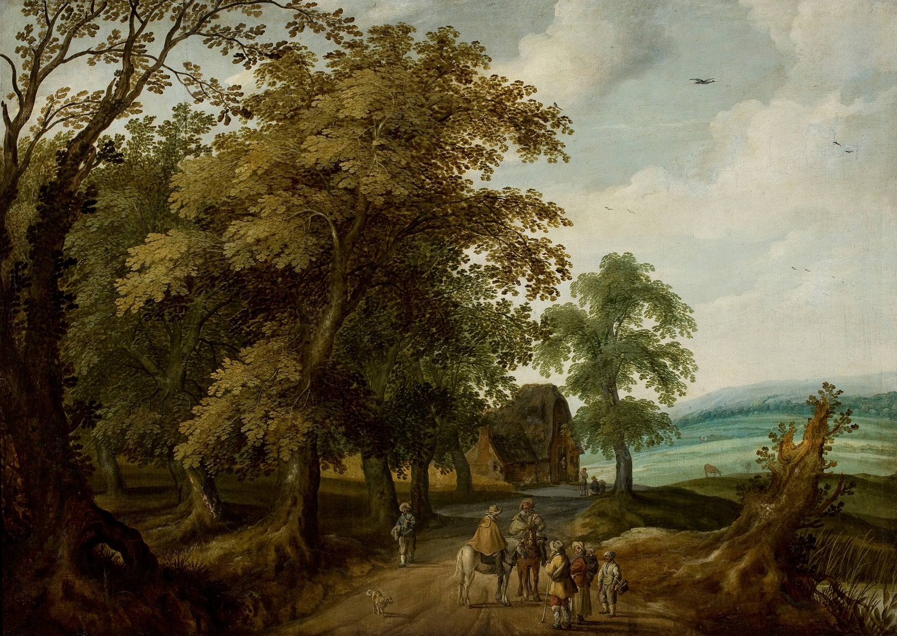Landscape with travellers on the road, oil on canvas by Willem van den Bundel