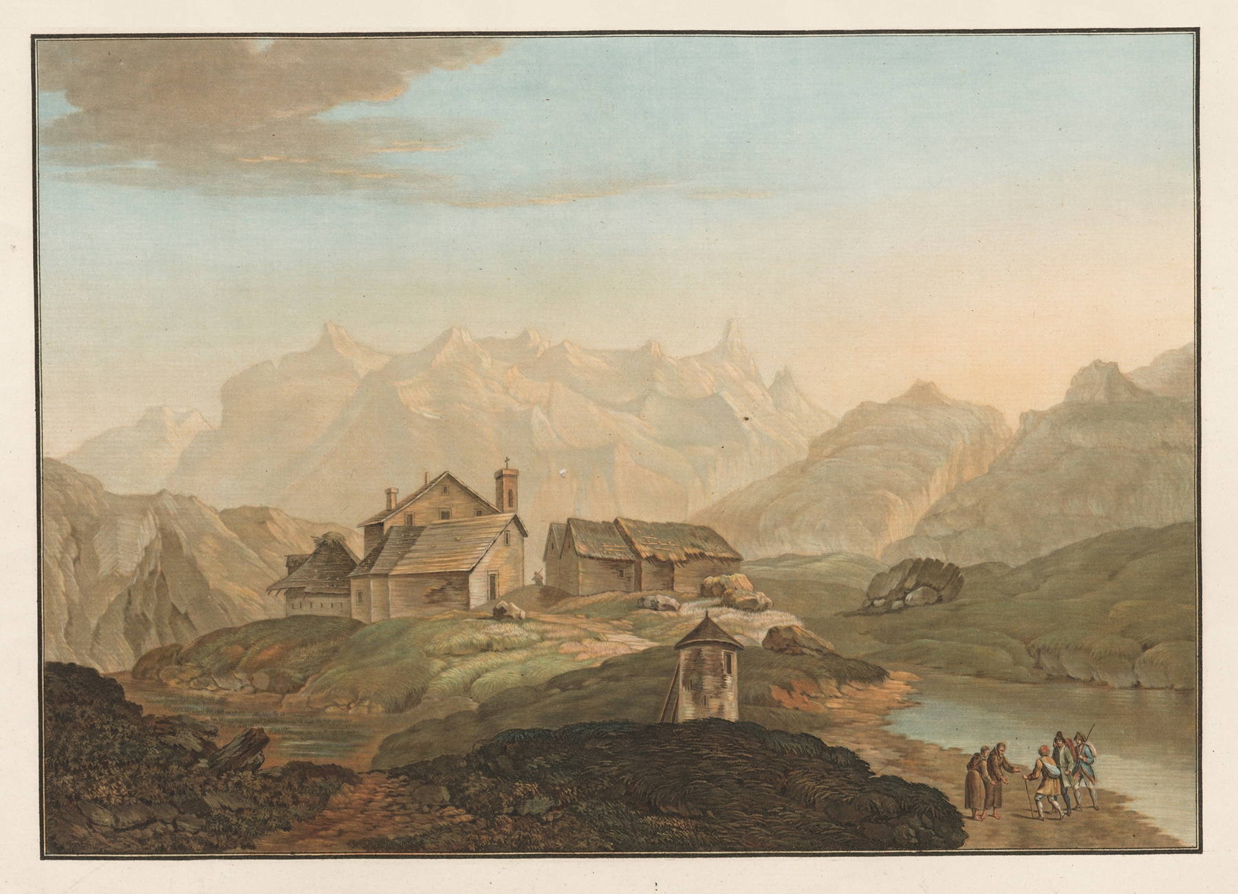 Landscape oil painting by Friedrich Rosenberg featuring mountains and vibrant blue hues.
