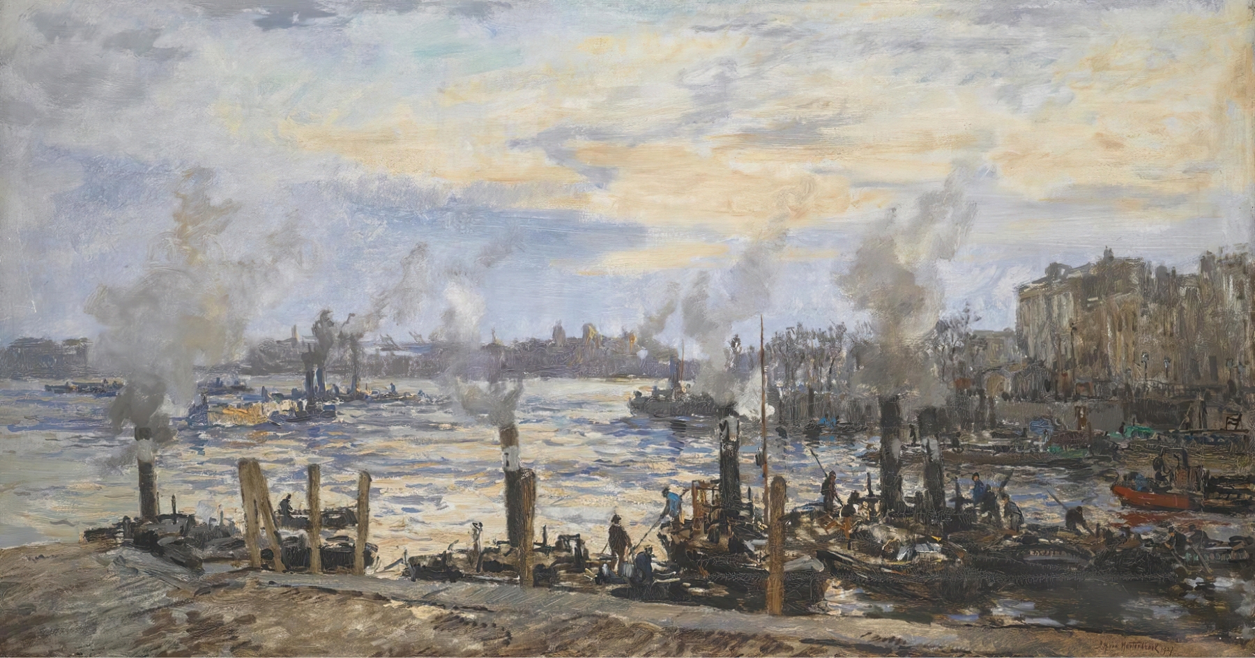 Marine scene with boats at the port of Rotterdam, oil painting by Johan Hendrik Van Mastenbroek