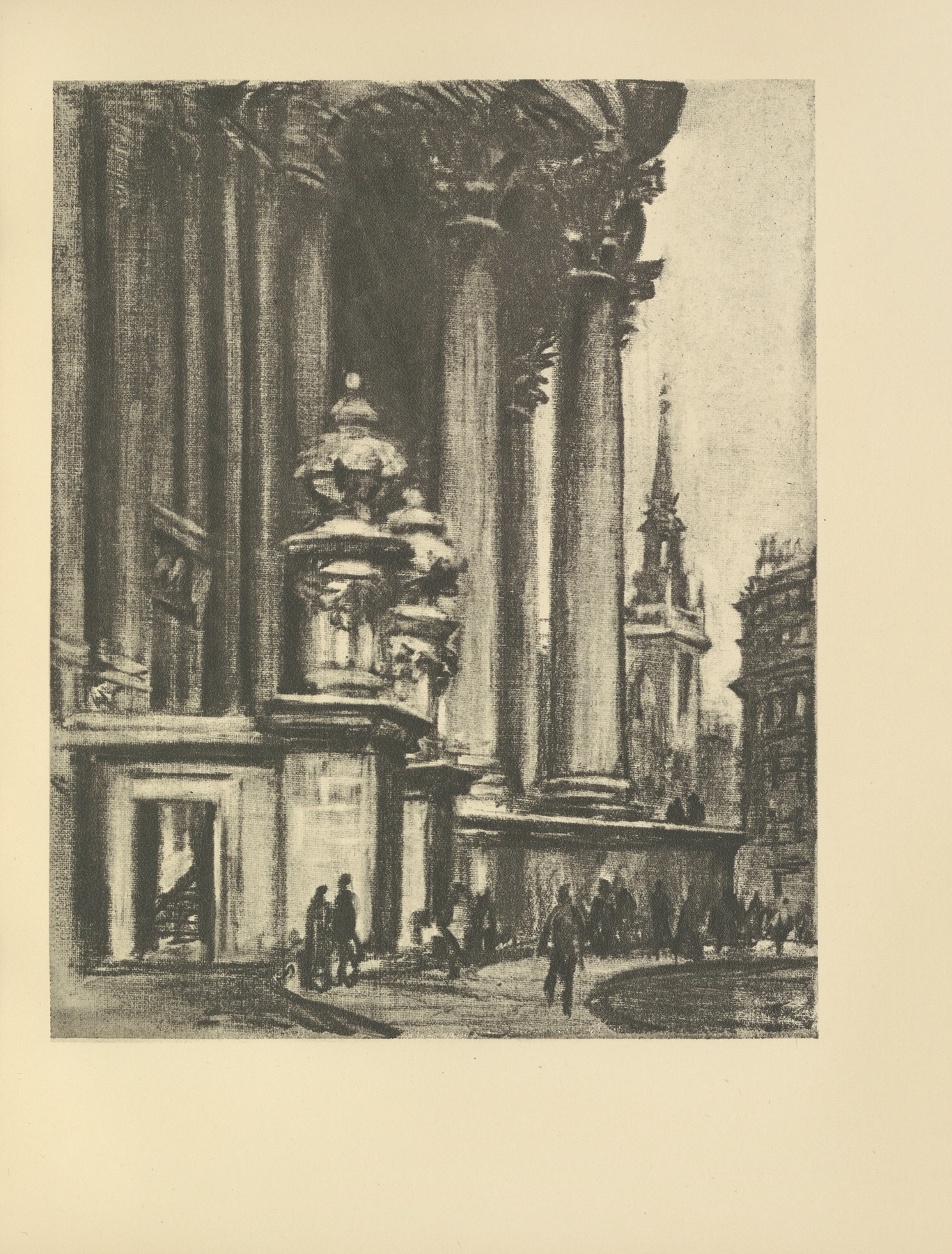 South Porch, St. Paul’s by Joseph Pennell, ink on paper, sunlight illuminating stonework