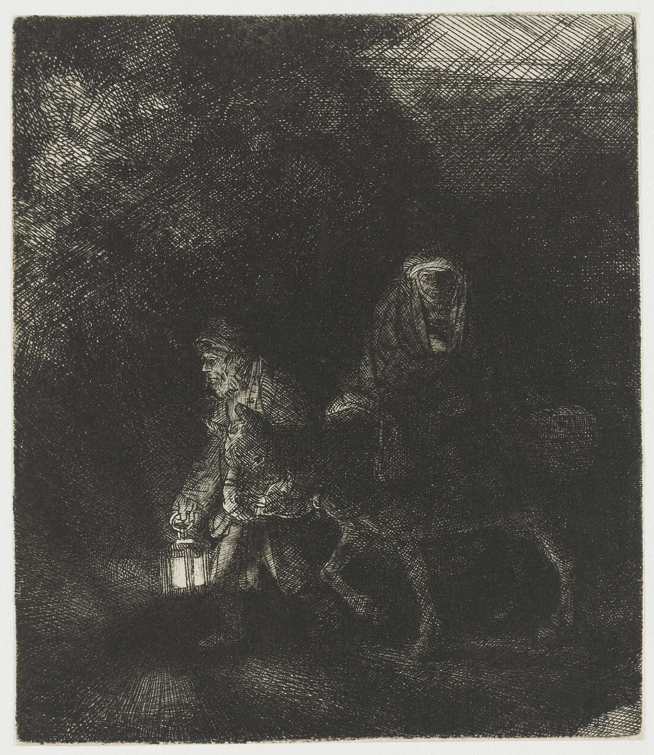 Etching by Rembrandt van Rijn depicting Mary, Joseph, and child in warm light.