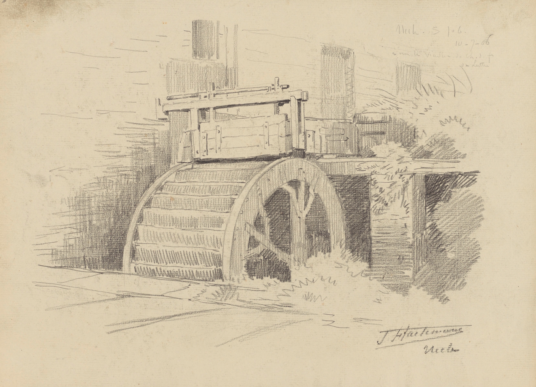 Detail of a waterwheel in Moulin à aube à Uccle-Saint-Job by Jean-François Taelemans, oil painting