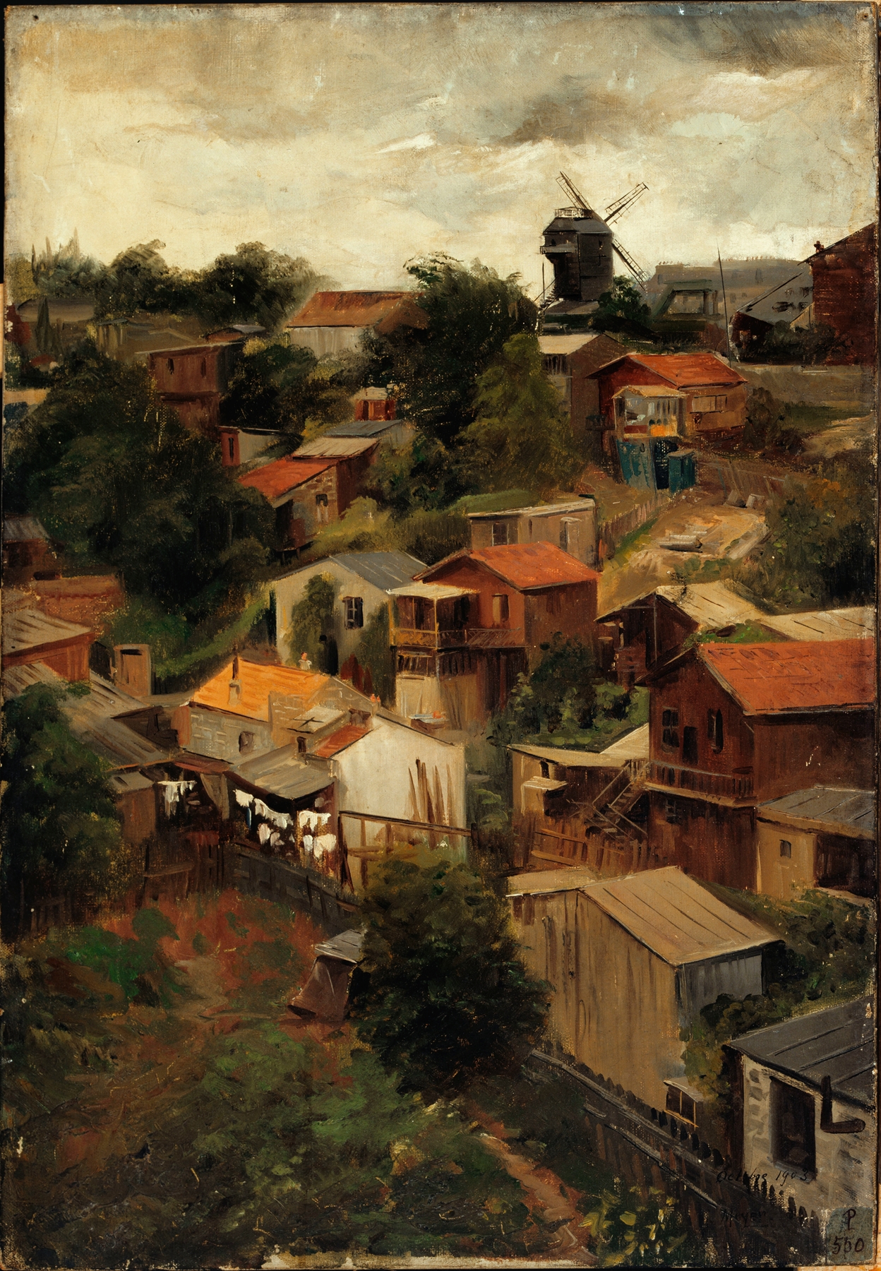 Oil painting by Lazar Meyer depicting Montmartre with dappled light on a cobblestone street.