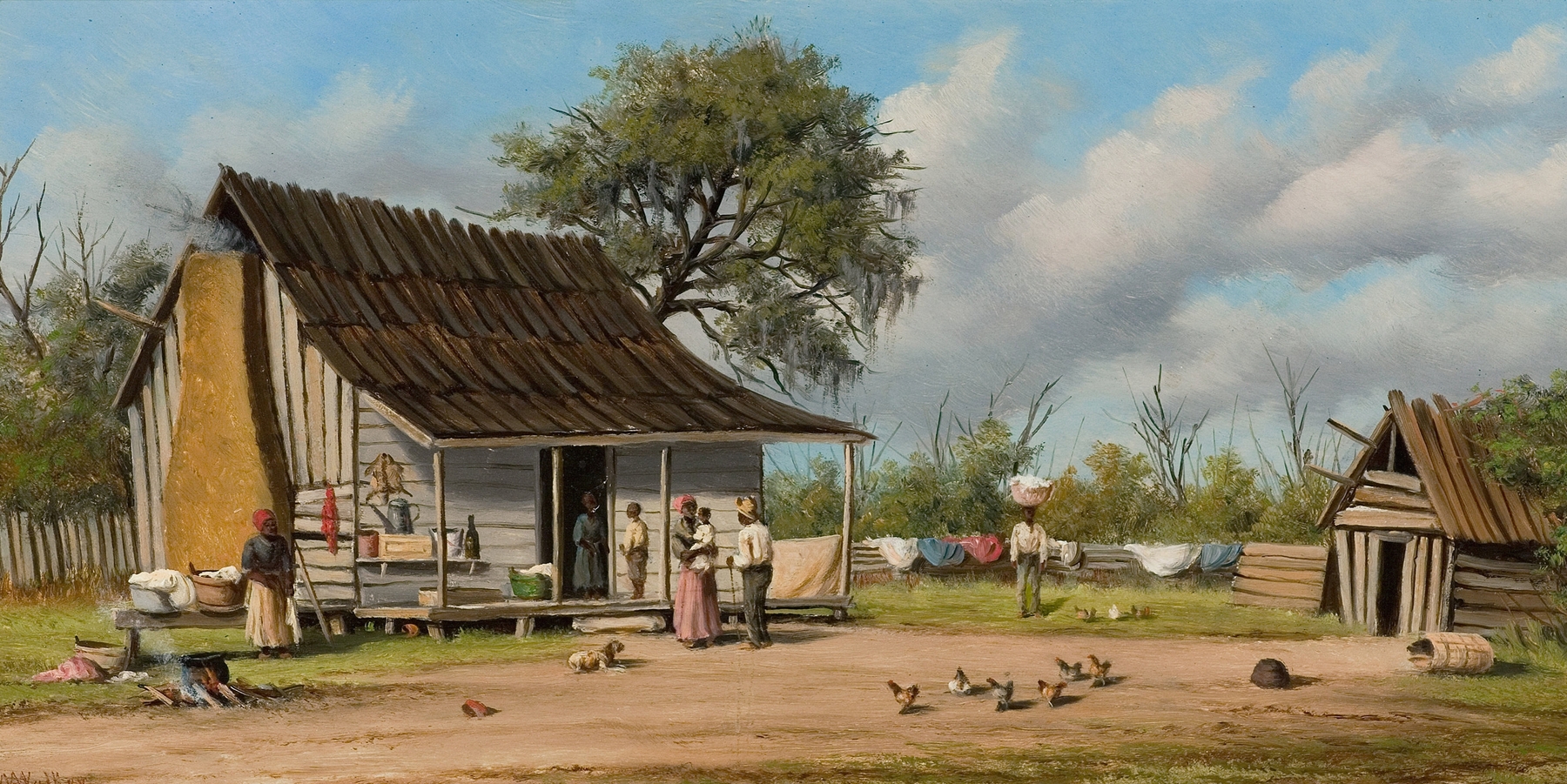 Cabin Scene, oil on canvas by William Aiken Walker, showing a cabin in a forest with sunlight filtering through trees.