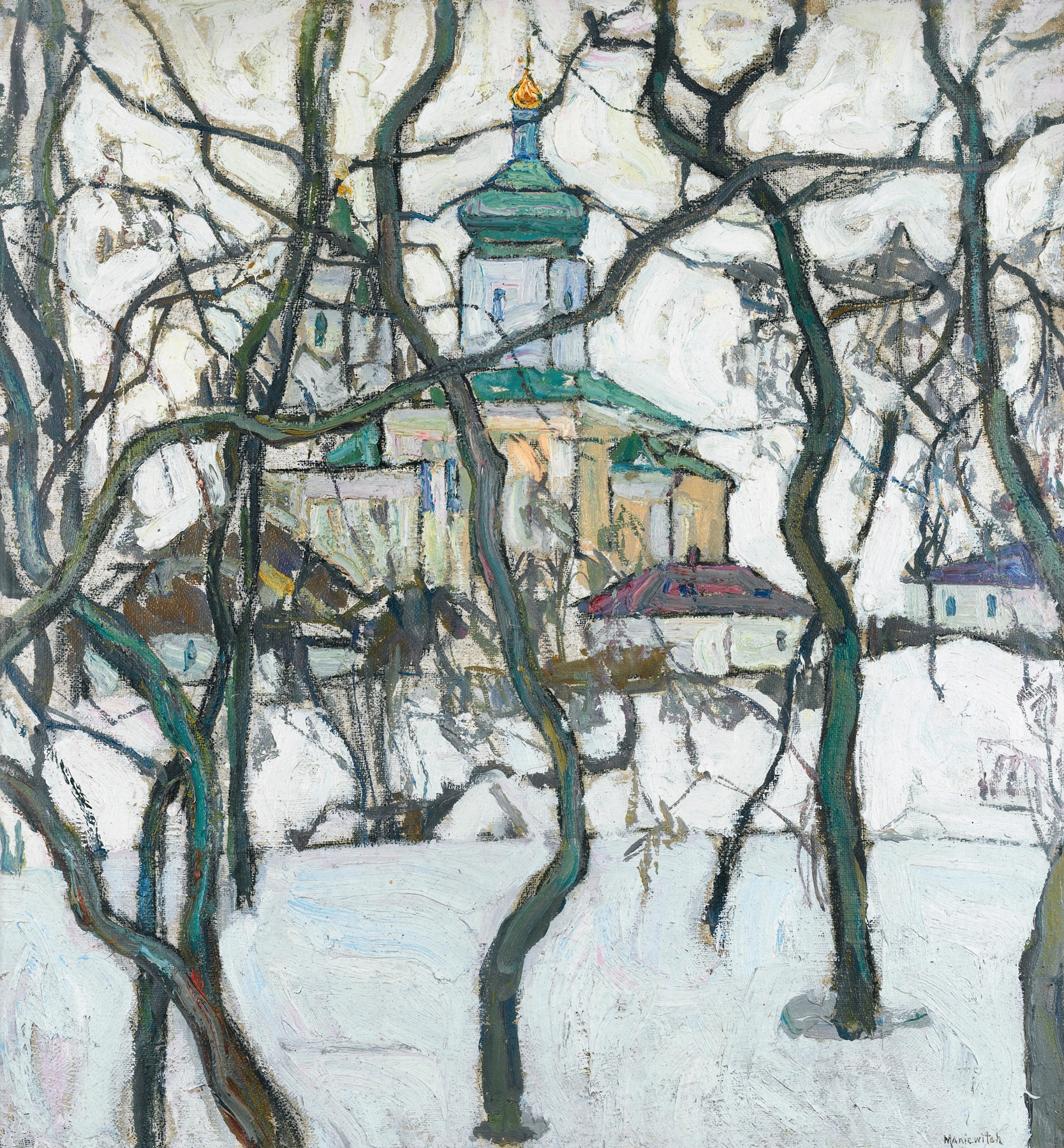 Winter scene with church in snow, oil painting by Abraham Manievich