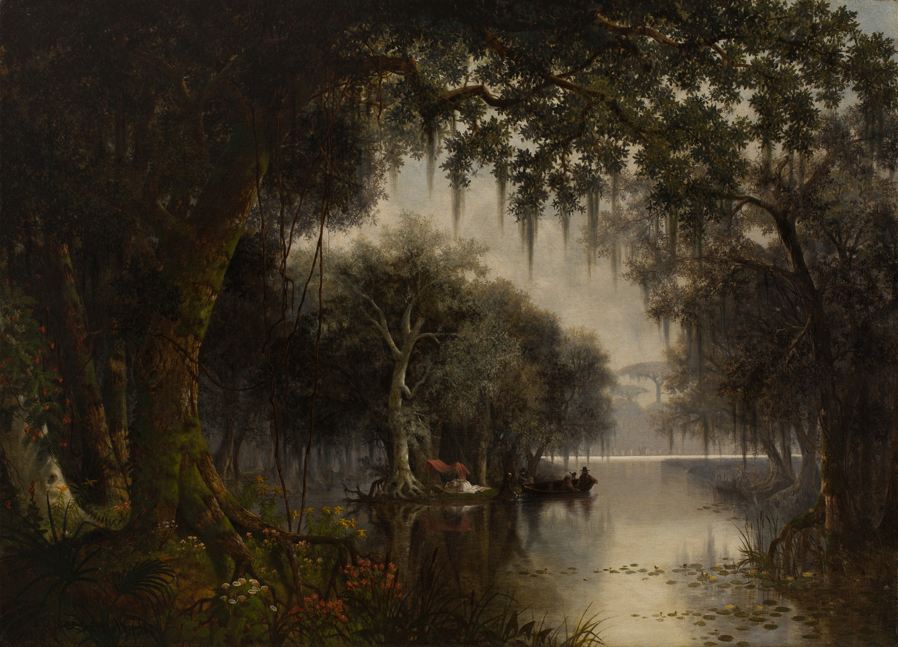 The Land of Evangeline by Joseph Rusling Meeker, oil on canvas, depicting a serene landscape with lavender and golden light.