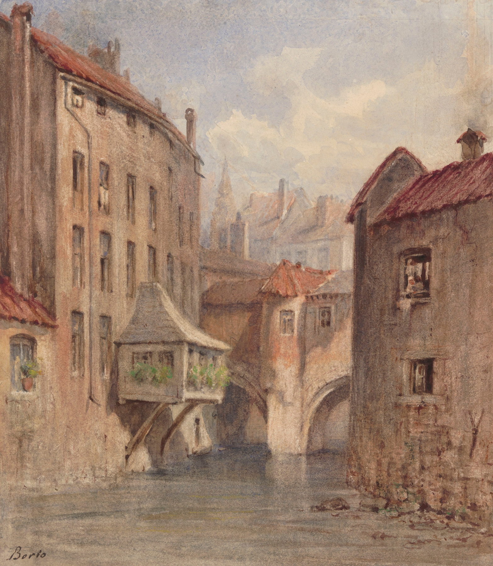 Bridge in Brussels by Joseph Borio, oil on canvas, depicting a bridge over a canal with reflections.