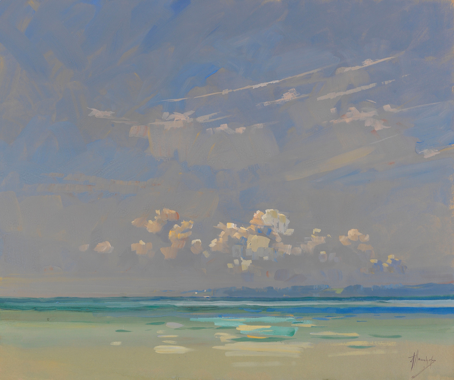Chiemsee by Alfred Haushofer, oil painting depicting a lake with undulating waves and a shifting sky.