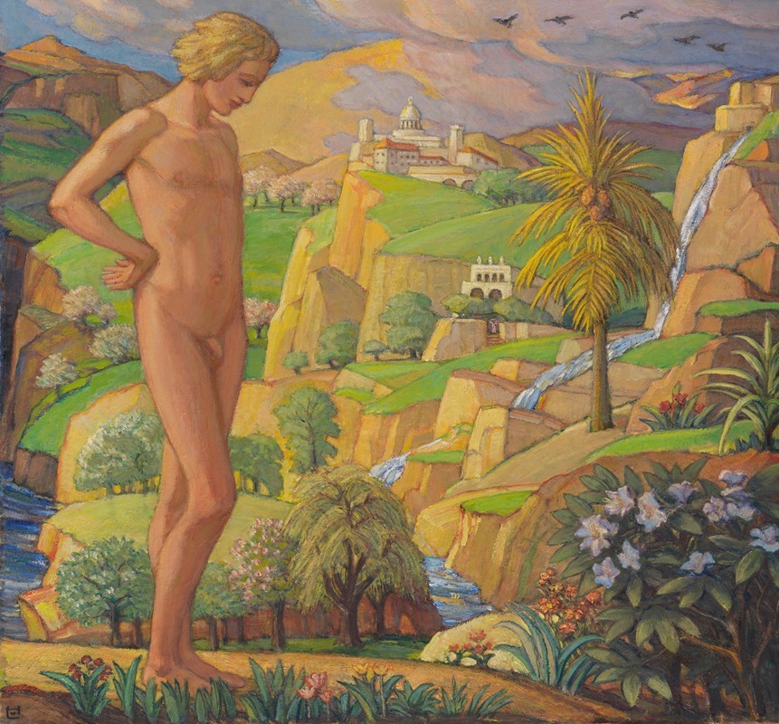 This painting depicts a mystical island filled with enchanting figures and vibrant colors.