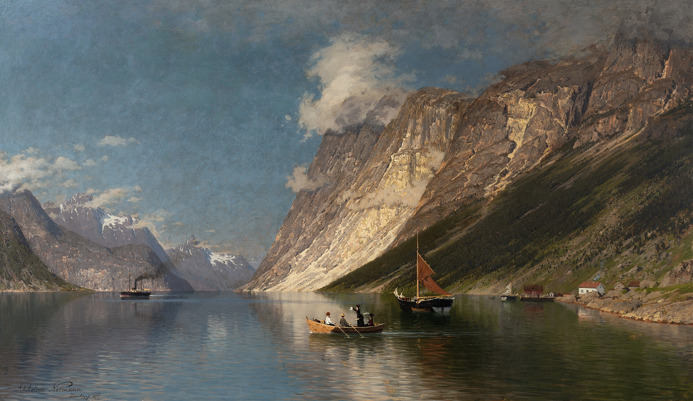 Landscape of The Romsdal Fiord by Adelsteen Normann, oil painting depicting hills and water.