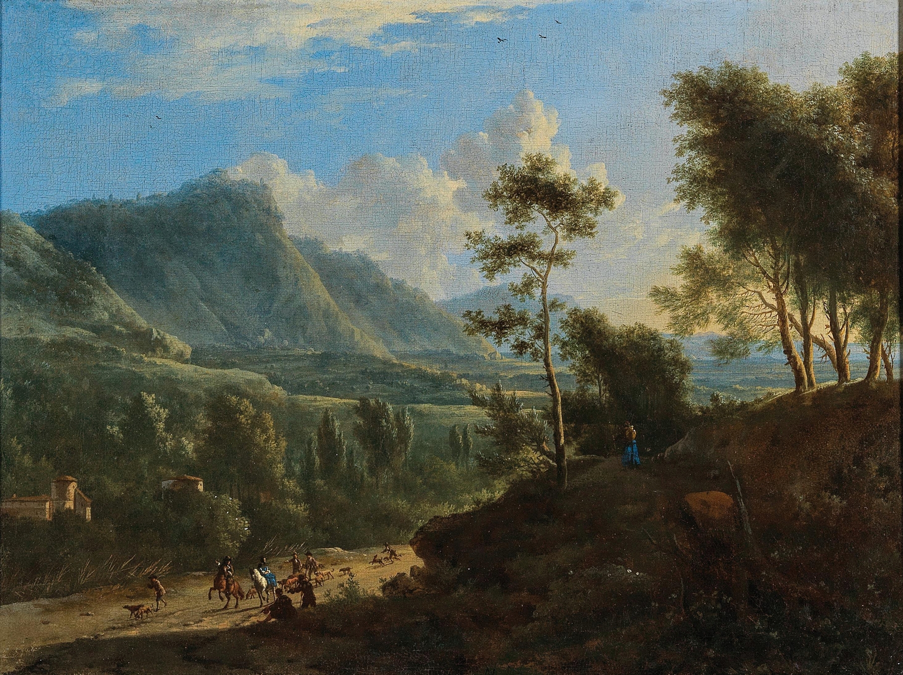 An Italianate landscape with a hunting company, by Frederik de Moucheron, public domain