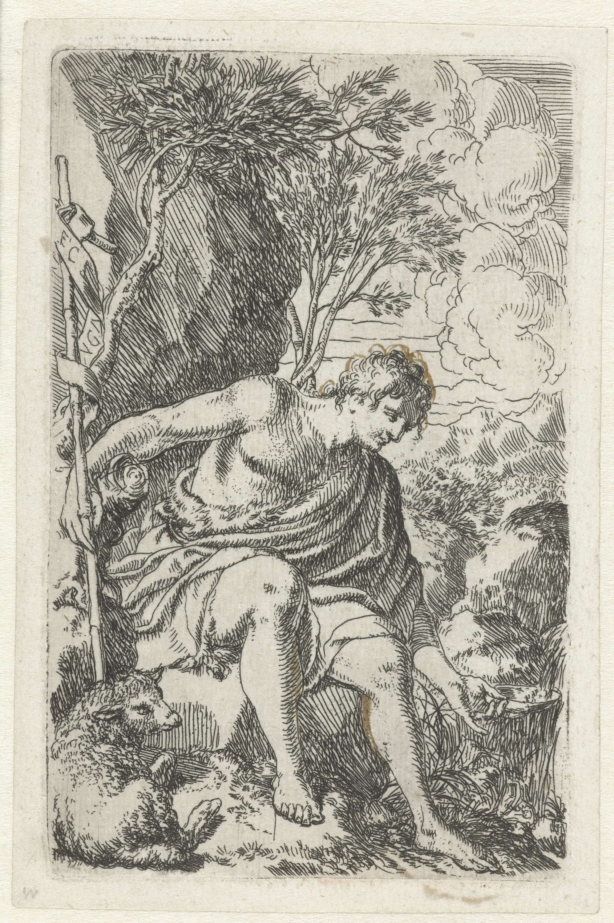 Etching by Jonas Umbach depicting John the Baptist holding a vessel with water.