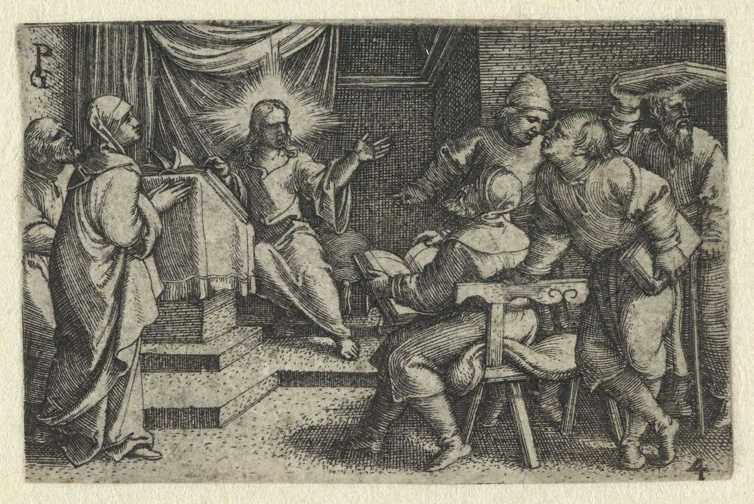 Engraving by Georg Pencz showing Christ teaching scholars in a temple