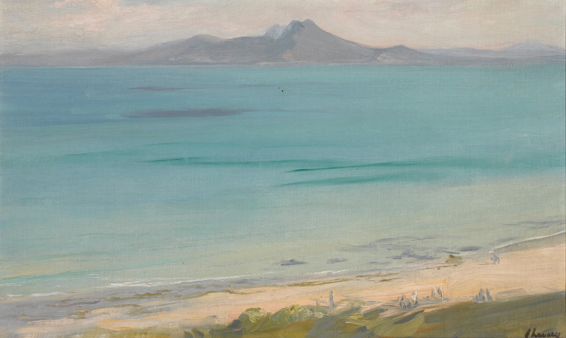 Evening, The Bay Of Tunis by Sir John Lavery, oil painting depicting twilight over a serene bay.