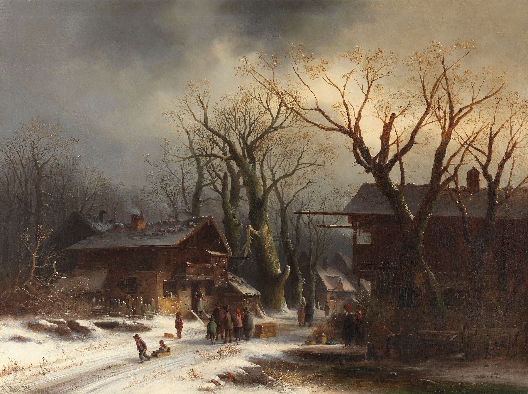 Snow-covered village landscape by Anton Doll, oil painting
