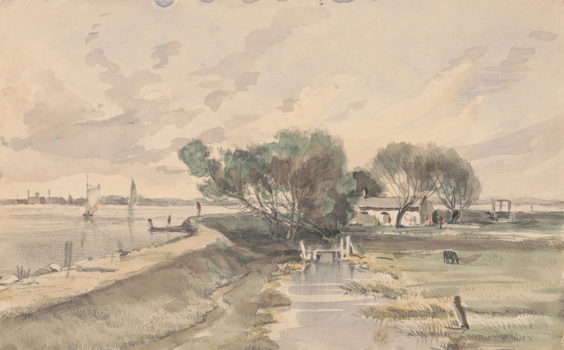 Eagle Point Fishing Cabin May 3rd by James Fuller Queen, oil painting depicting a cabin by calm waters