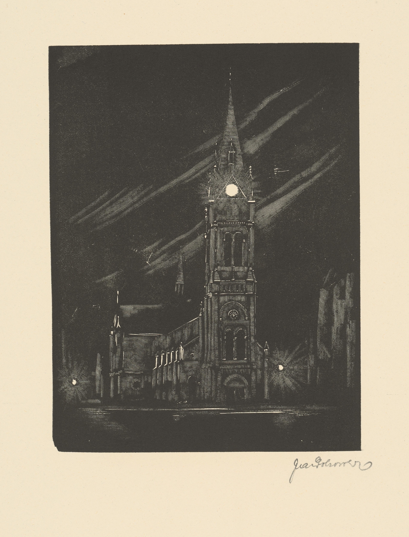 Blumentálsky kostol by Jaroslav Dobrovolský, modernism, depicting a church with swirling sky