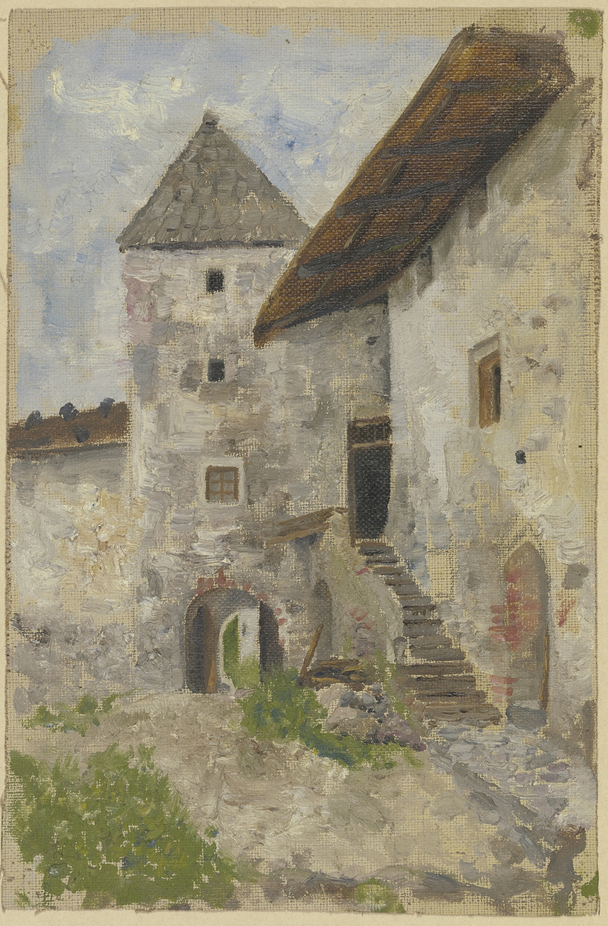 Tower of a city wall by Fritz Hauck, oil painting depicting a somber tower against a muted landscape.