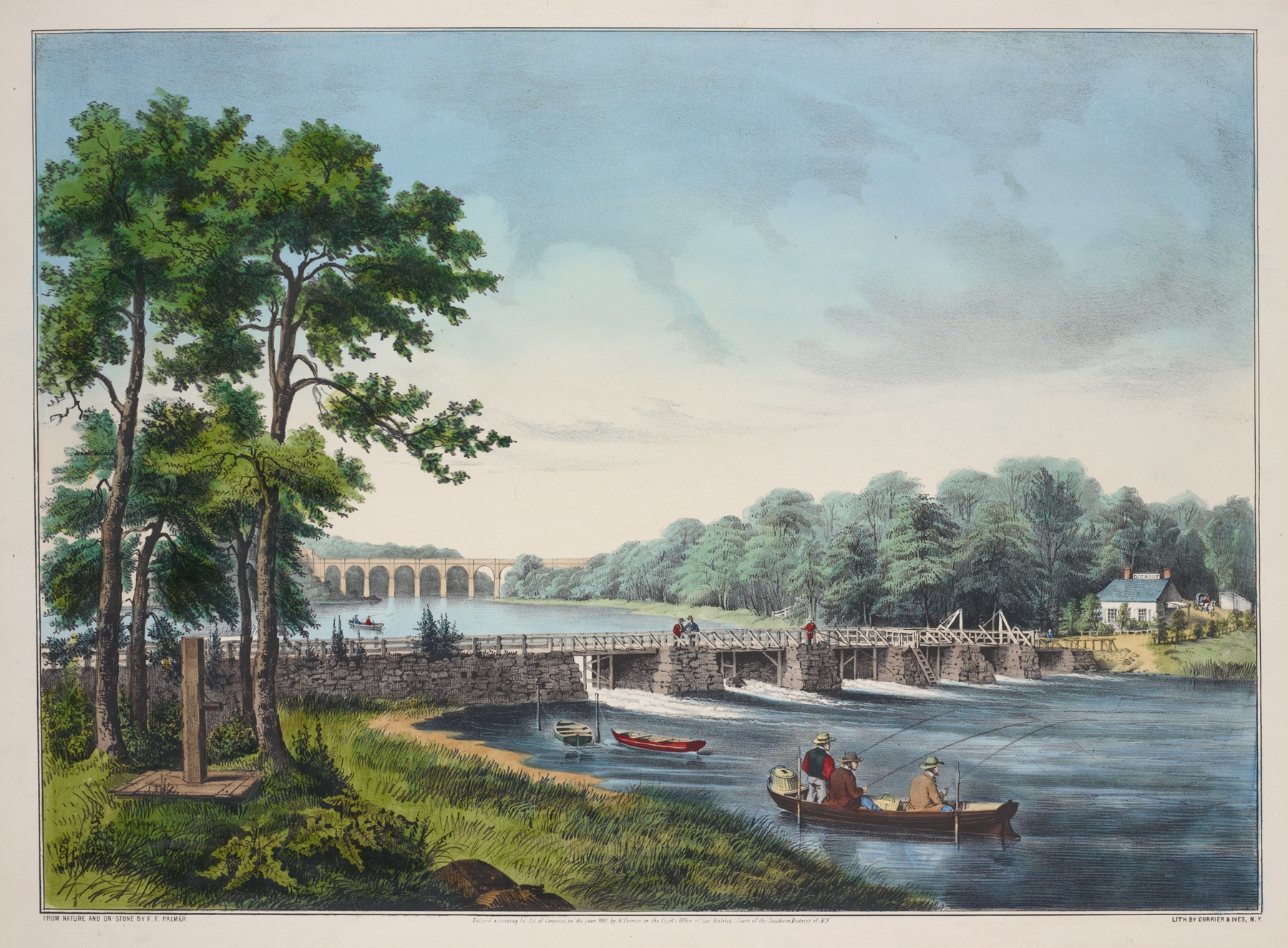 View on the Harlem River, N.Y. The High Bridge in the distance, by Fanny Palmer, public domain