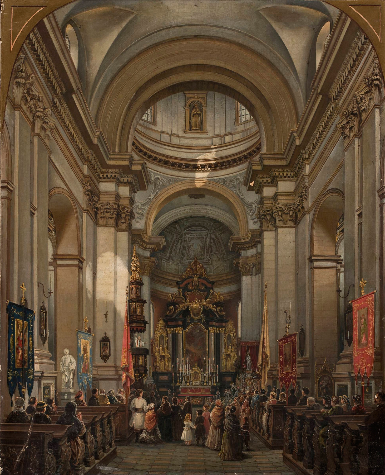 Interior of St. Peter’s church in Kraków, oil on canvas by Saturnin Świerzyński