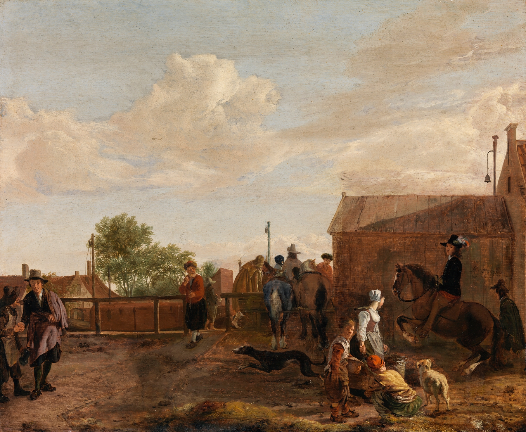 A Canal Boat Station by Ludolf de Jongh, oil on canvas depicting a tranquil canal with boats and dockworkers.