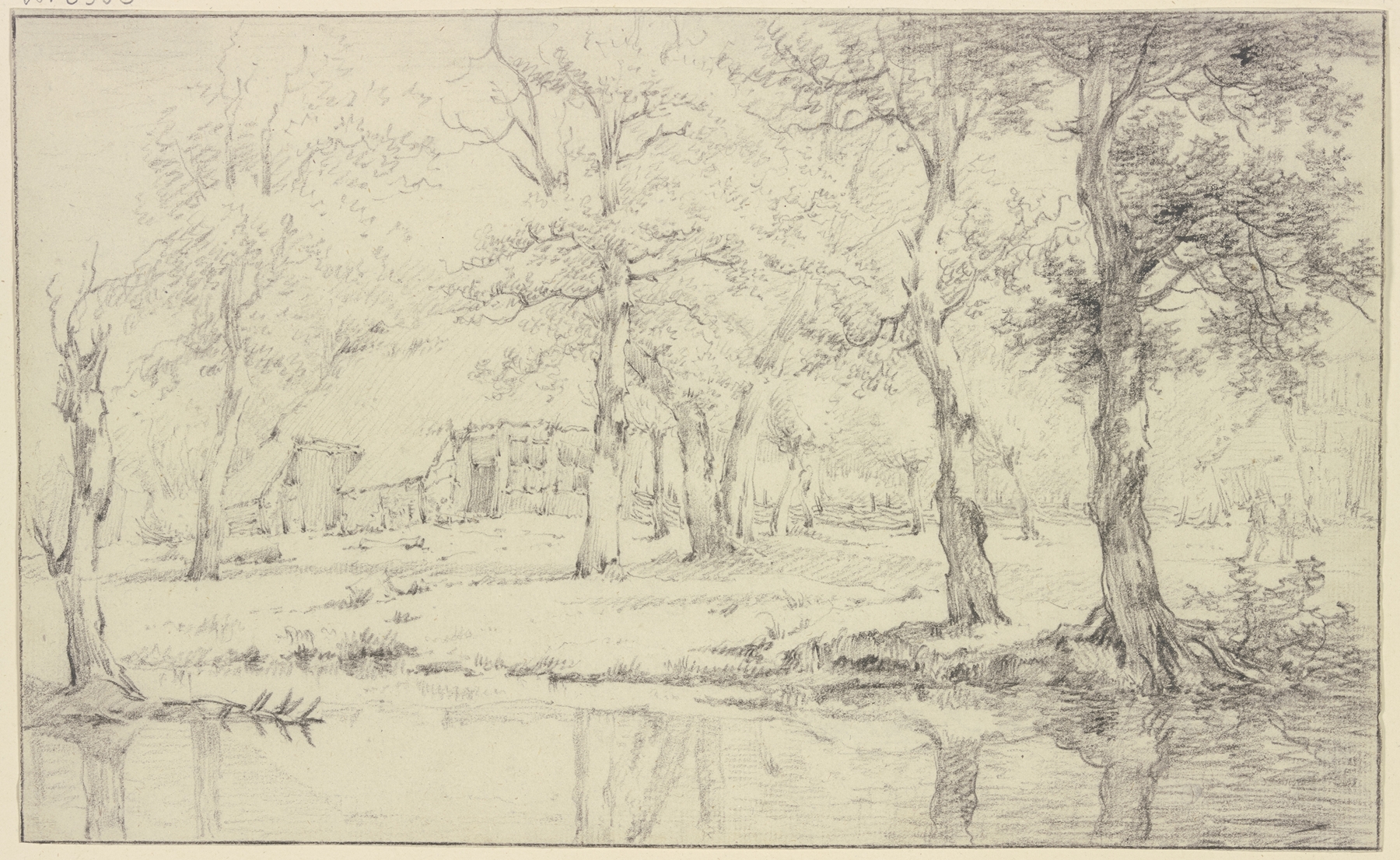 Landschaft, vorne Wasser, unter vielen Bäumen ein Haus mit Zaun, by Jan Hulswit, public domain