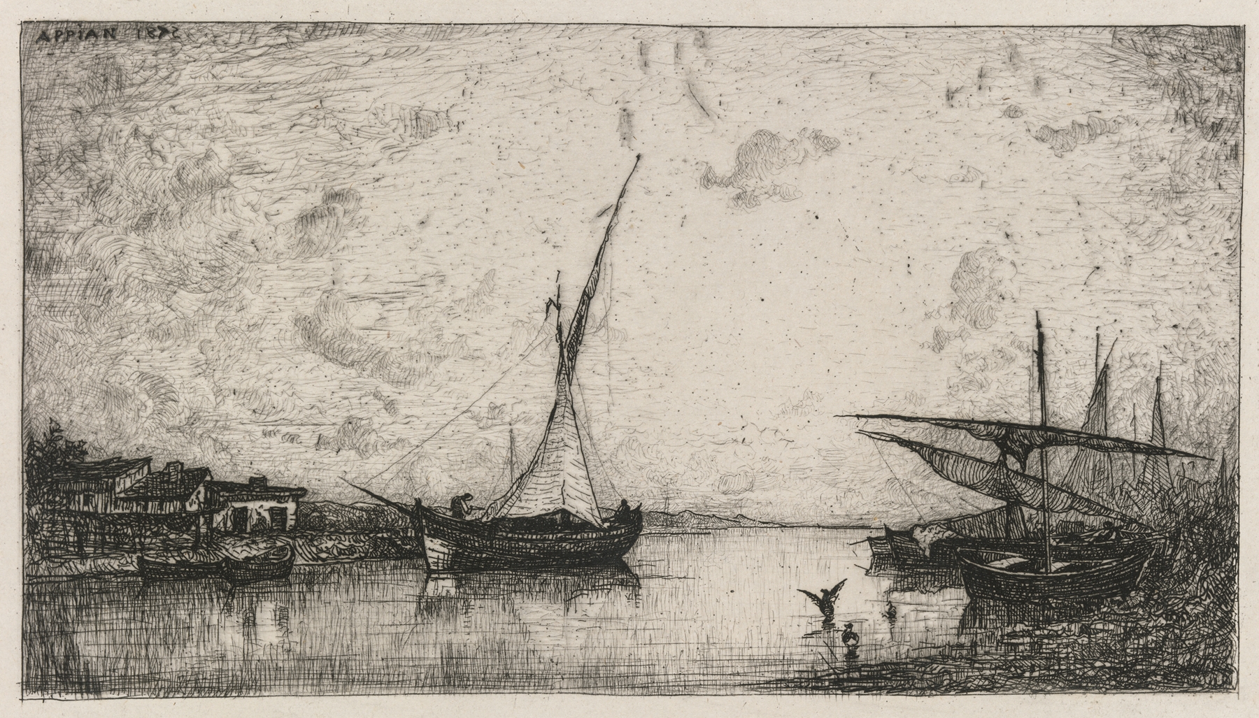 Canal aux Martigues by Adolphe Appian, oil on canvas depicting a serene landscape with water reflections.