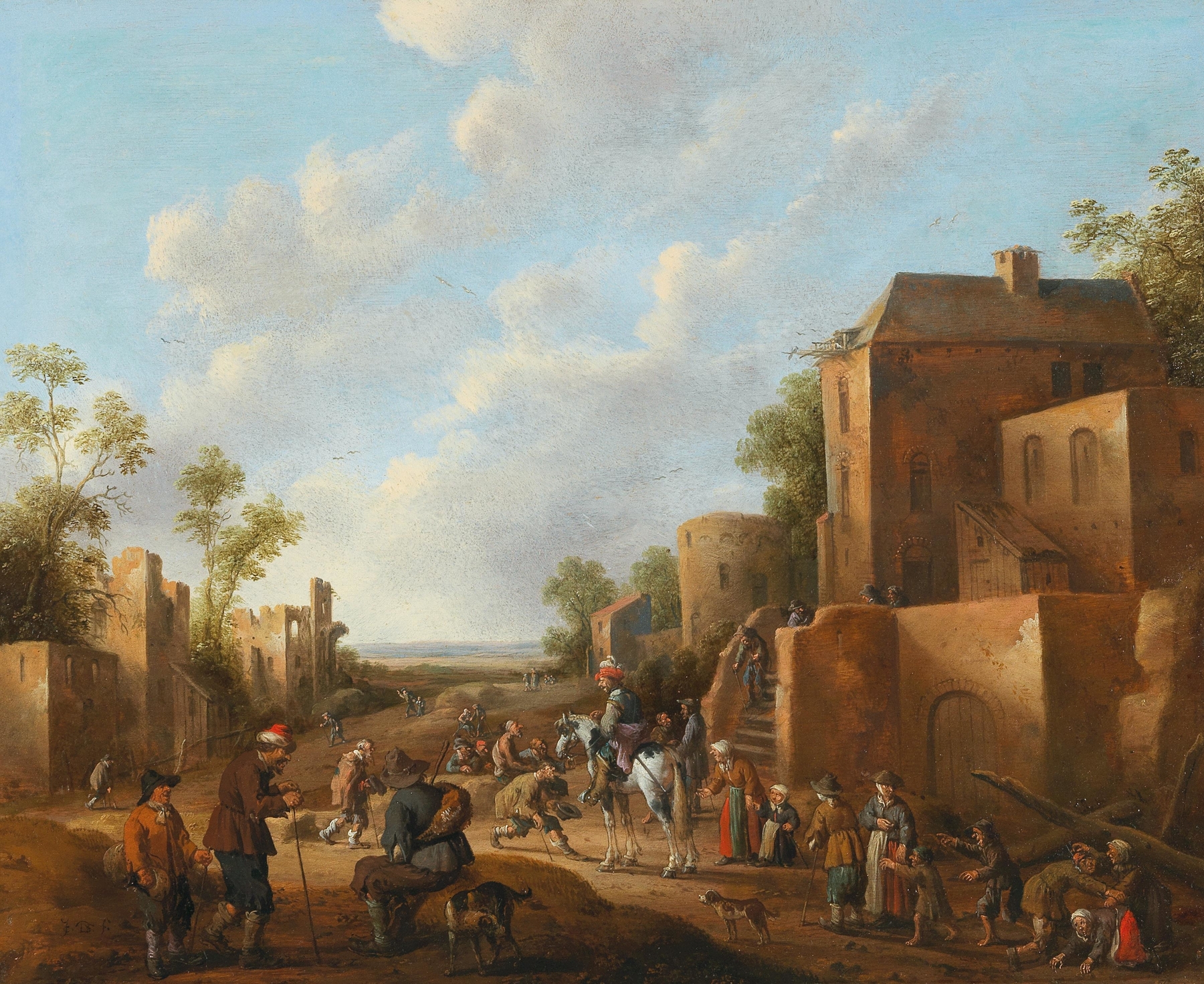Village landscape with country folk near a tavern, oil on canvas by Joost Cornelisz Droochsloot