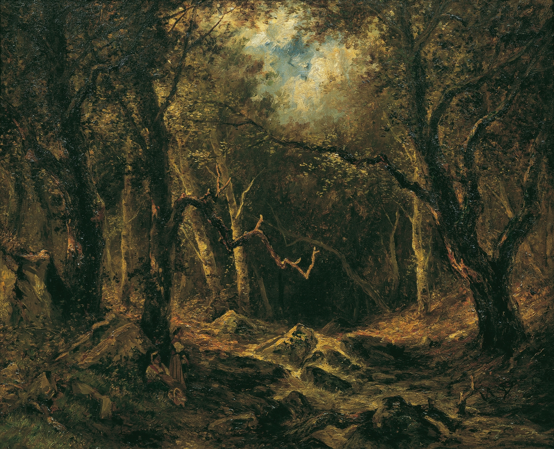 Waldinneres oil painting by Narcisse-Virgile Diaz de La Peña depicting a tranquil forest scene.