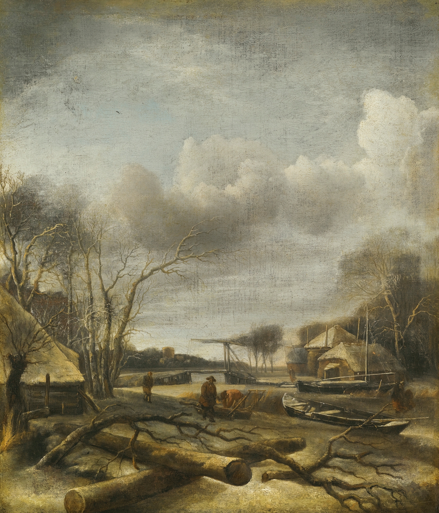 Winter Landscape With A Man Fixing A Sled At The Edge Of A Frozen River, by Jan van de Cappelle, public domain