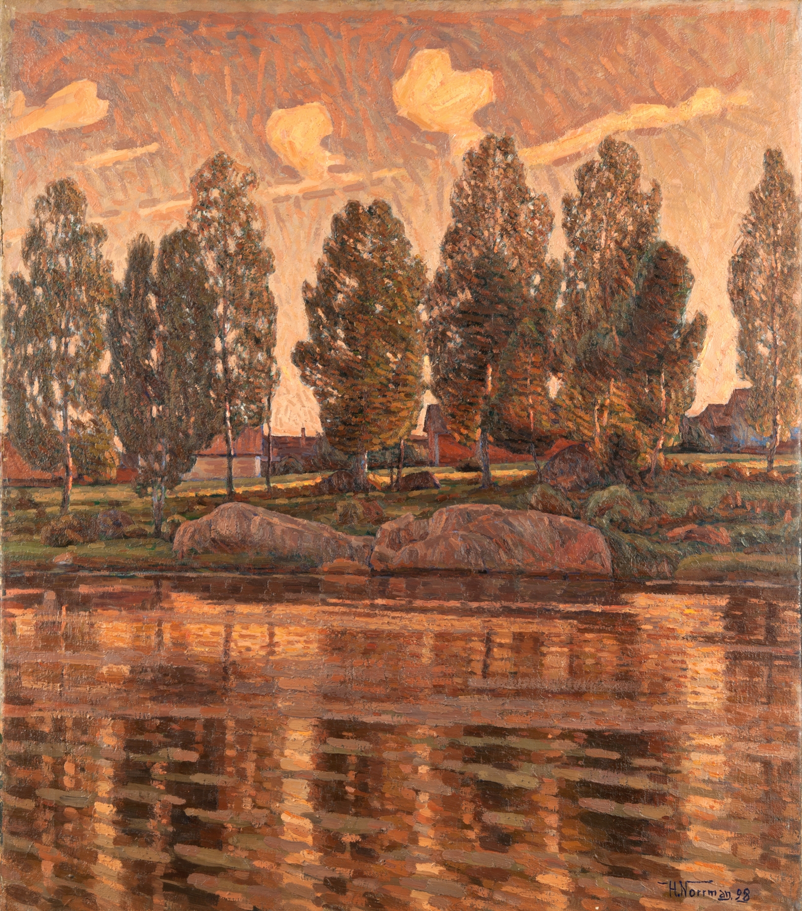 On the River Bank by Herman Norrman, Impressionism, depicting a serene river landscape.
